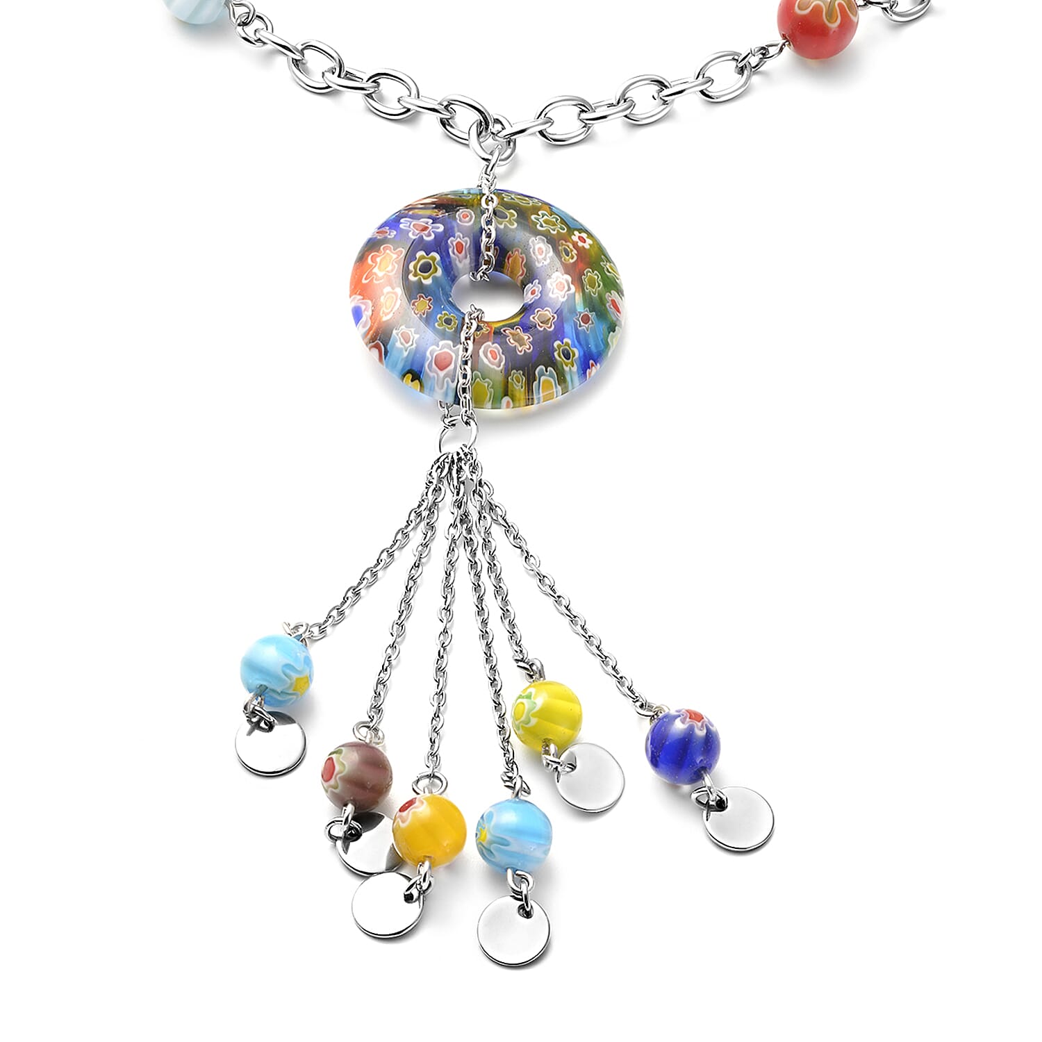 Multi Color Murano Glass Necklace (Size - 20 With 4 Inch Extender) in Stainless Steel
