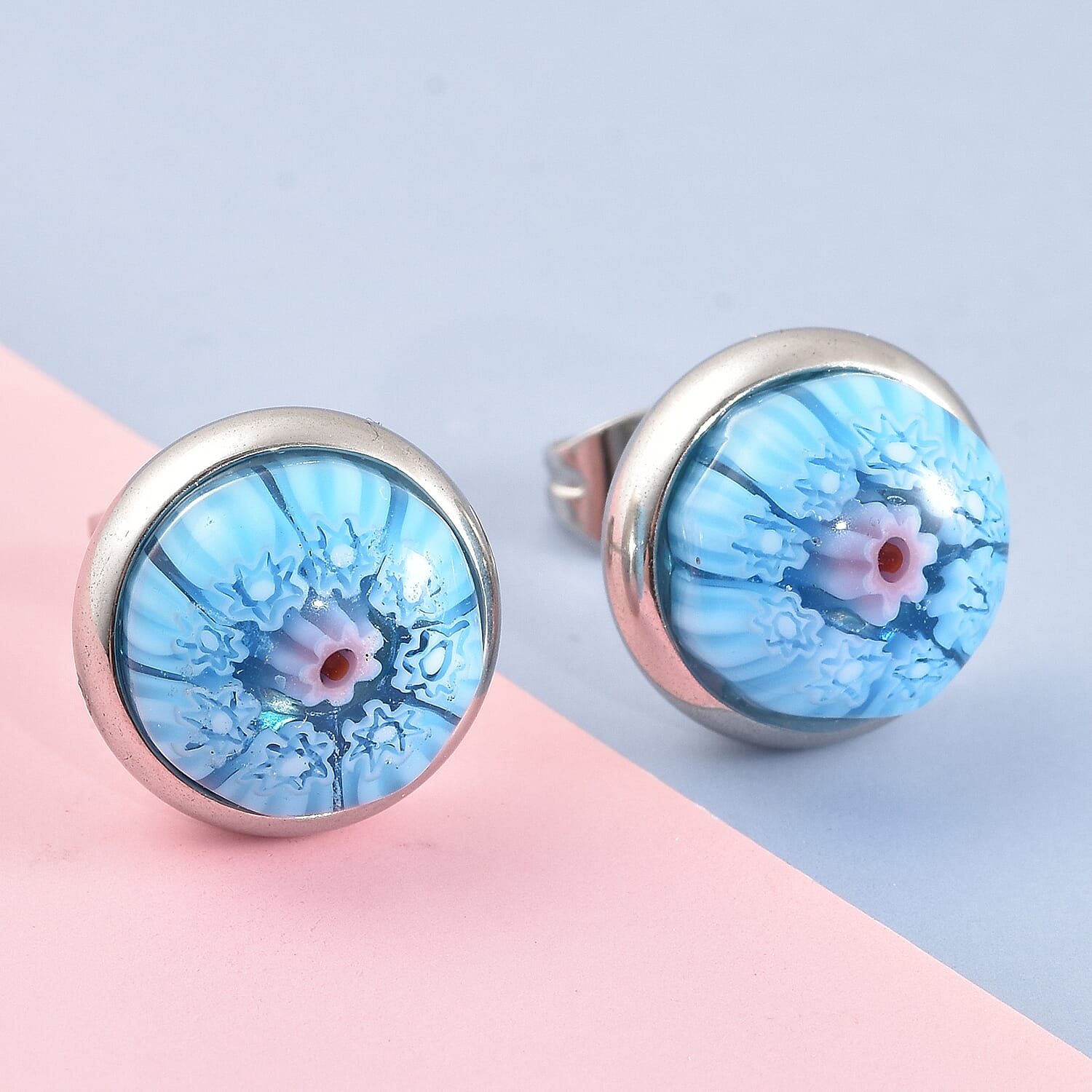 Blue Murano Glass Earrings (with Push Back) in Stainless Steel