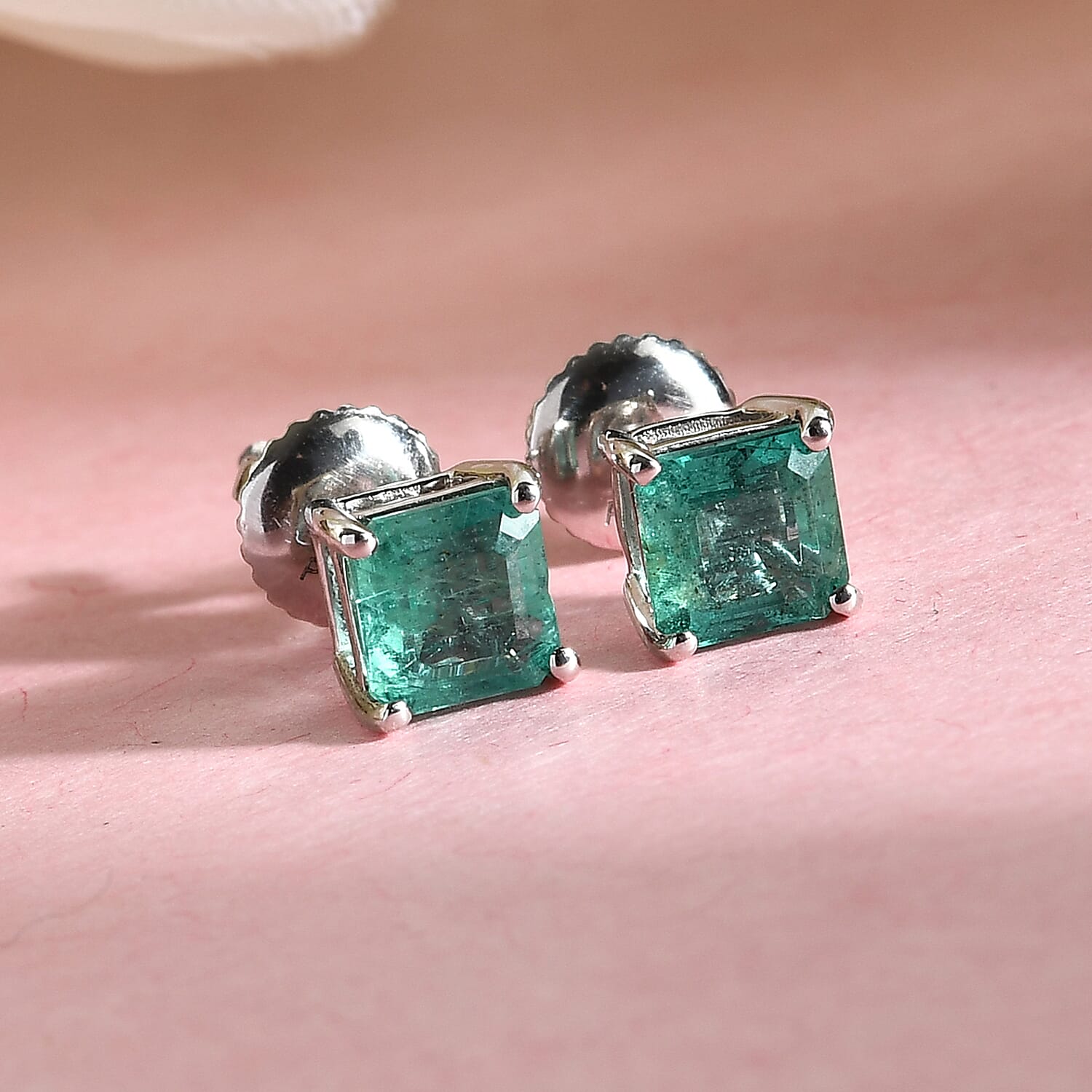 RHAPSODY 950 Platinum AAAA Zambian Emerald Stud Earrings (with Screw Back) 1.26 Ct.
