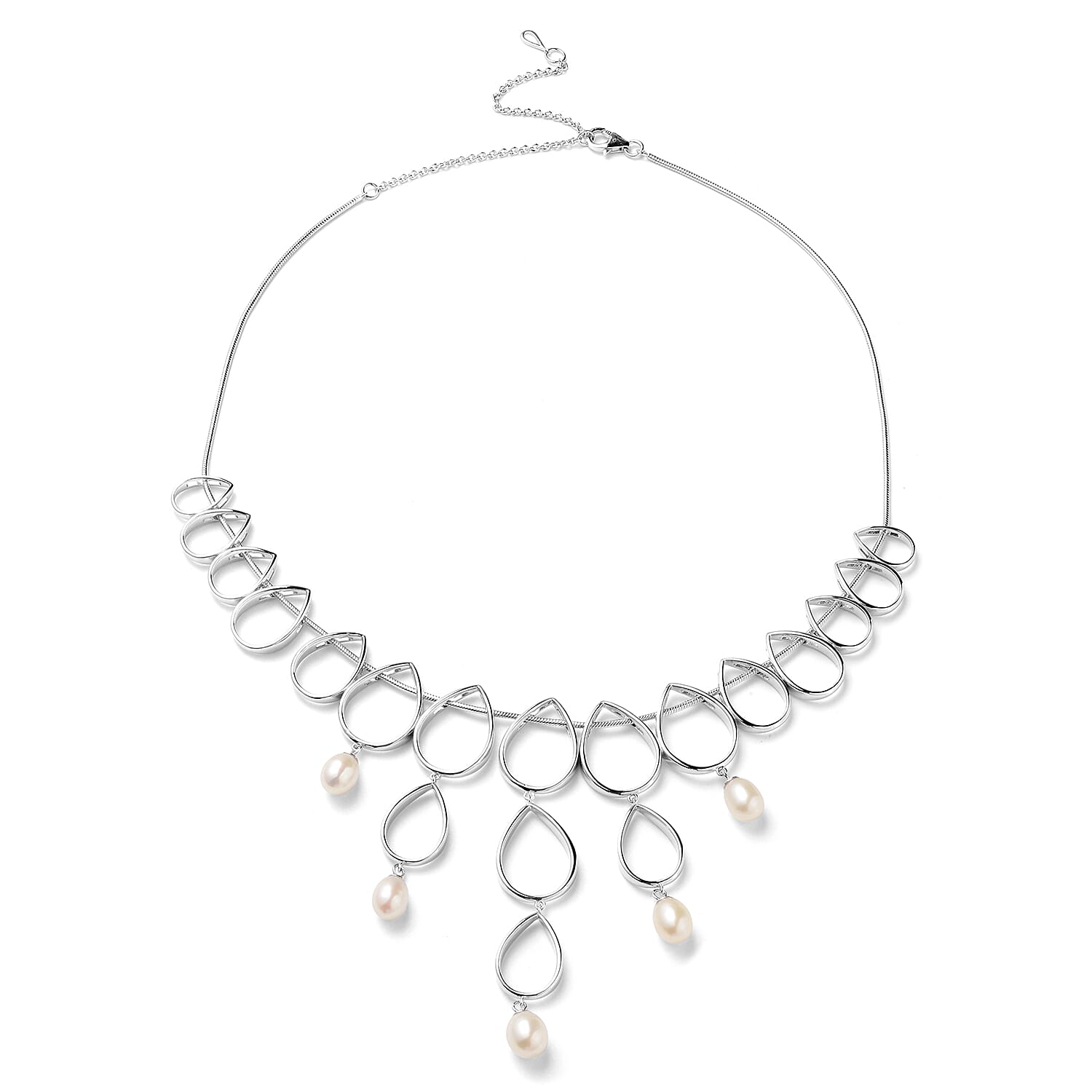 Lucy Q Open Tear Drop Collection - Freshwater Pearl Necklace (Size 16/18/20) in Rhodium Overlay Sterling Silver