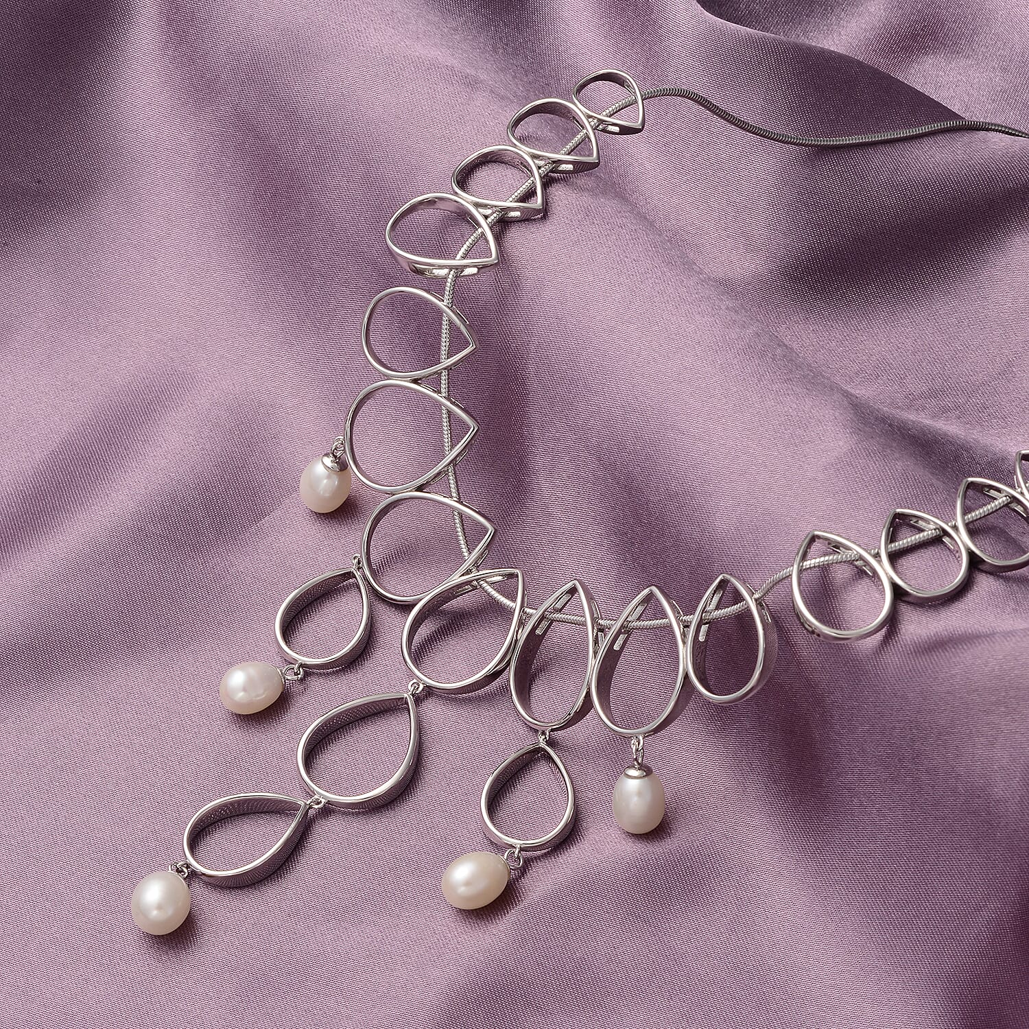 Lucy Q Open Tear Drop Collection - Freshwater Pearl Necklace (Size 16/18/20) in Rhodium Overlay Sterling Silver