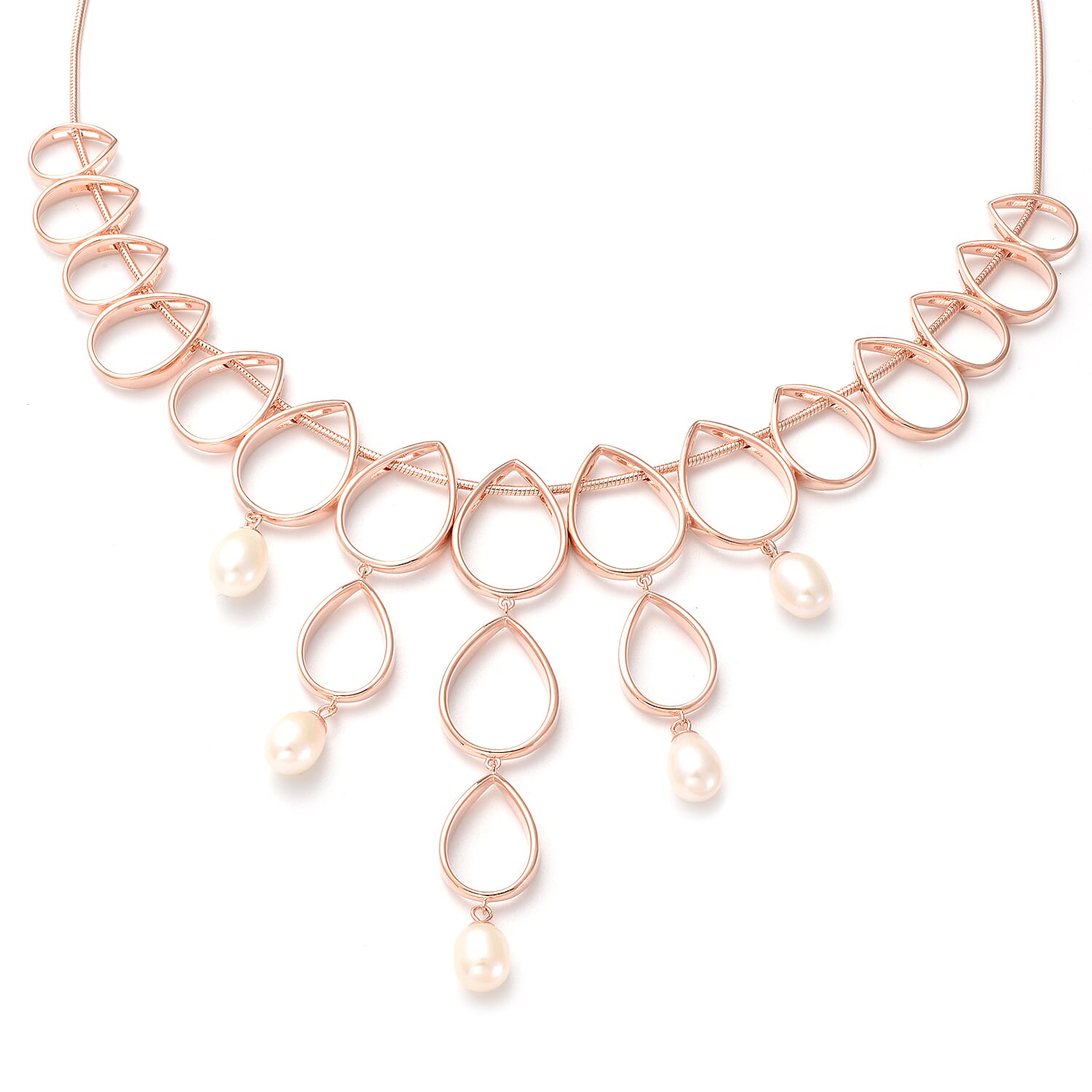 LucyQ Open Tear Drop Collection - Freshwater Pearl Necklace (Size 16-18-20) in Rose Gold Overlay Sterling Silver