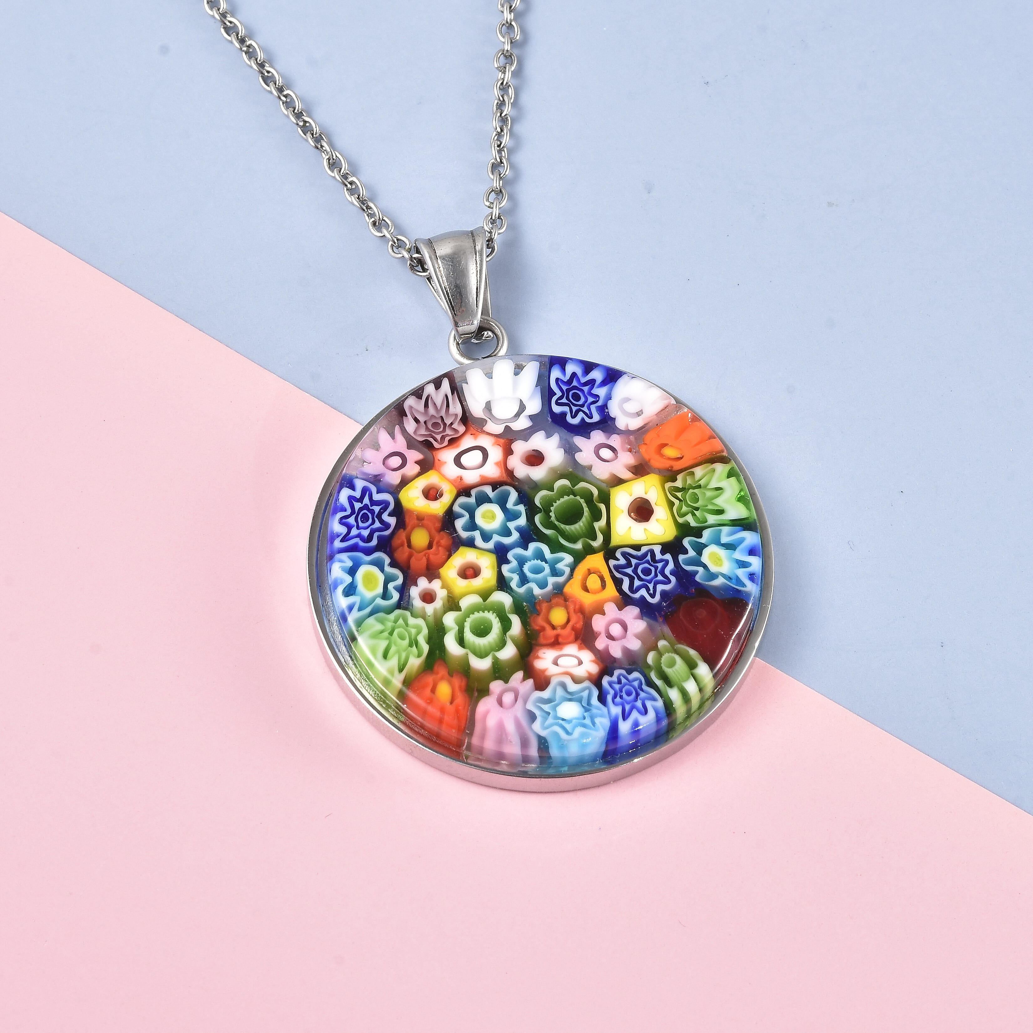 Multi Colour Murano Glass Pendant With Chain (Size 20) in Stainless Steel