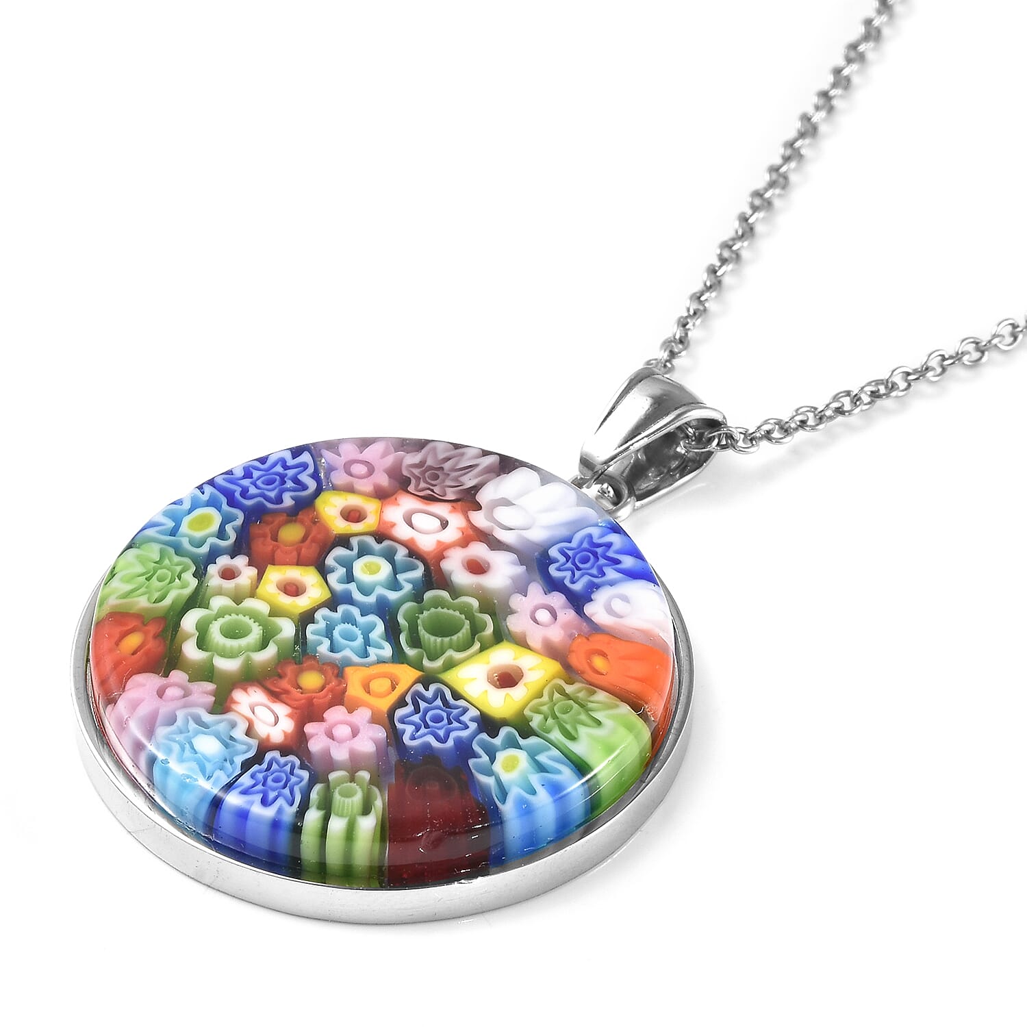Multi Colour Murano Glass Pendant With Chain (Size 20) in Stainless Steel