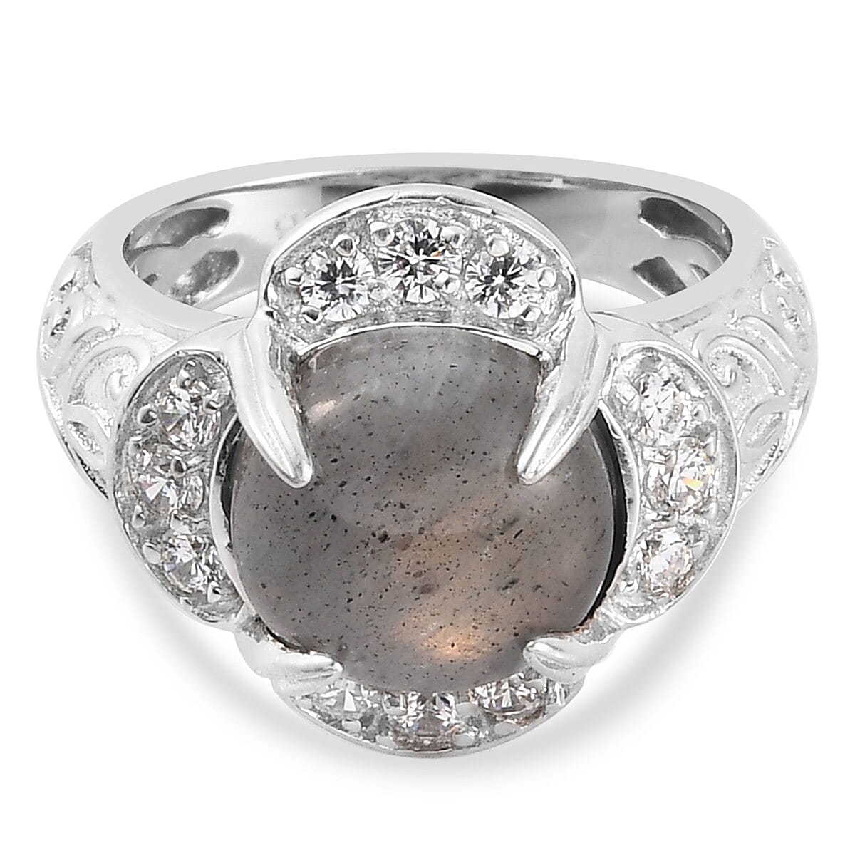 Fire Labradorite and Simulated Diamond Floral Ring in Silver Tone 4.95 Ct.