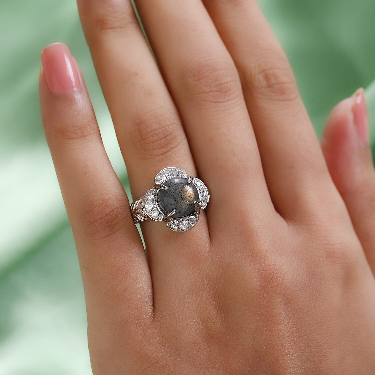 Fire Labradorite and Simulated Diamond Floral Ring in Silver Tone 4.95 Ct.