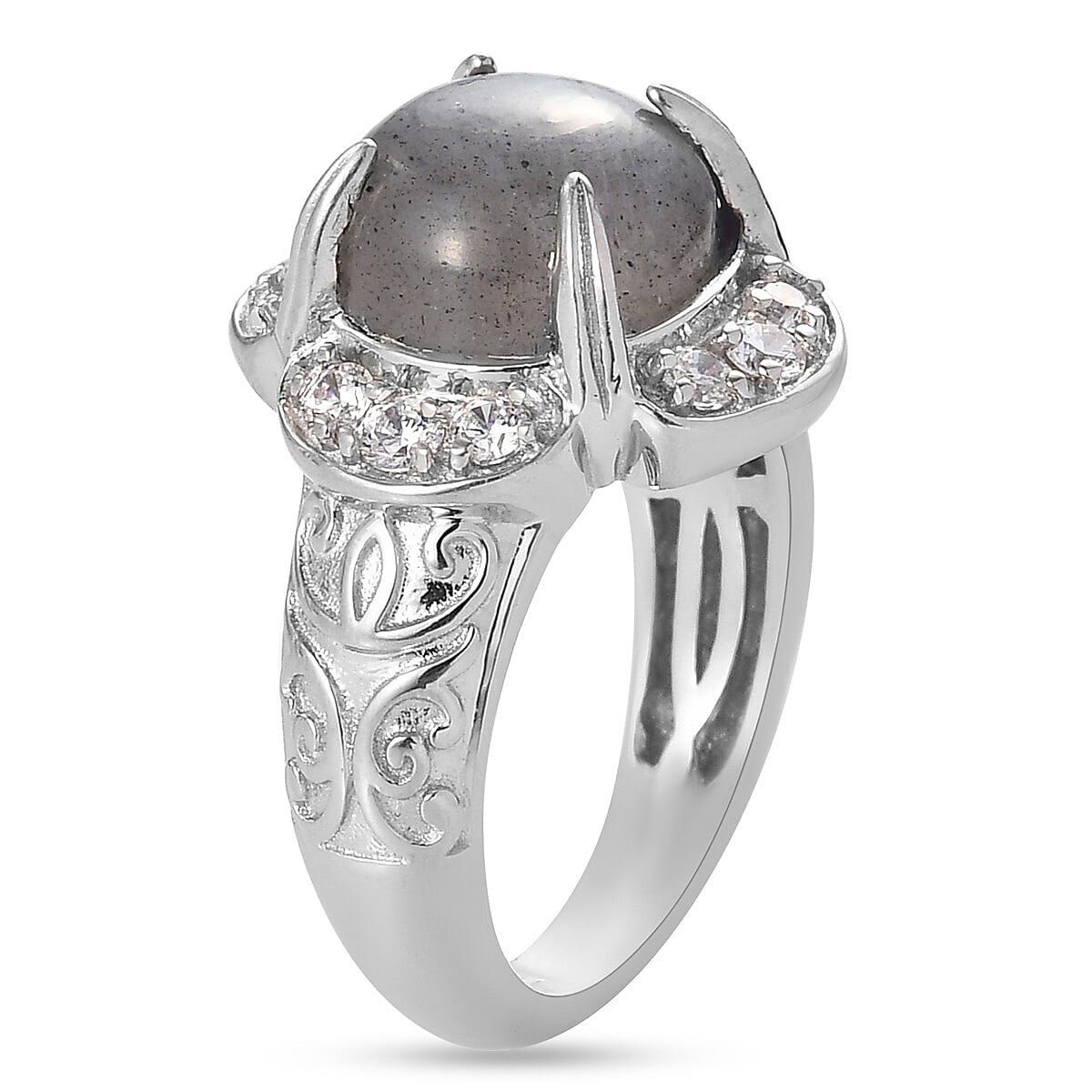Fire Labradorite and Simulated Diamond Floral Ring in Silver Tone 4.95 Ct.