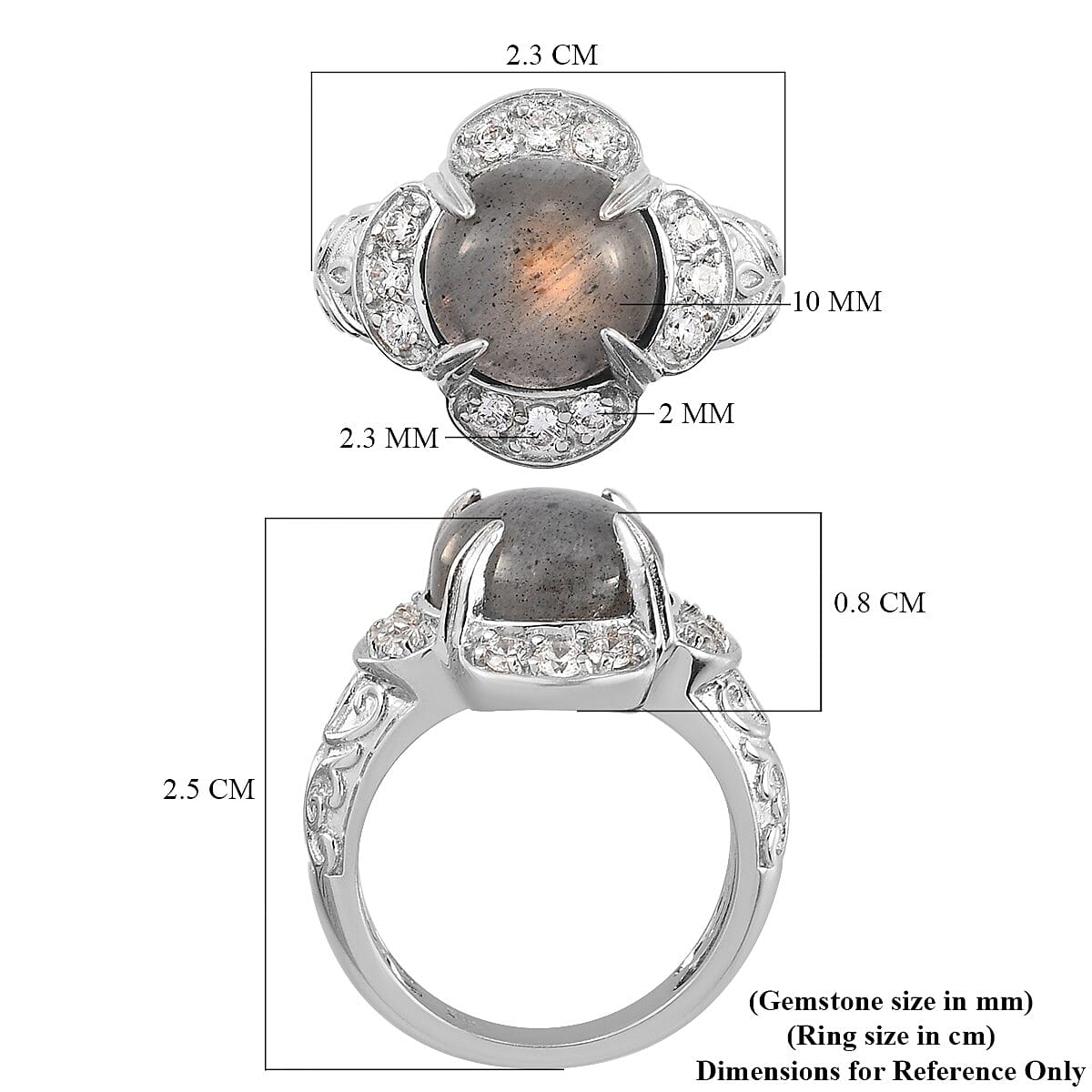 Fire Labradorite and Simulated Diamond Floral Ring in Silver Tone 4.95 Ct.