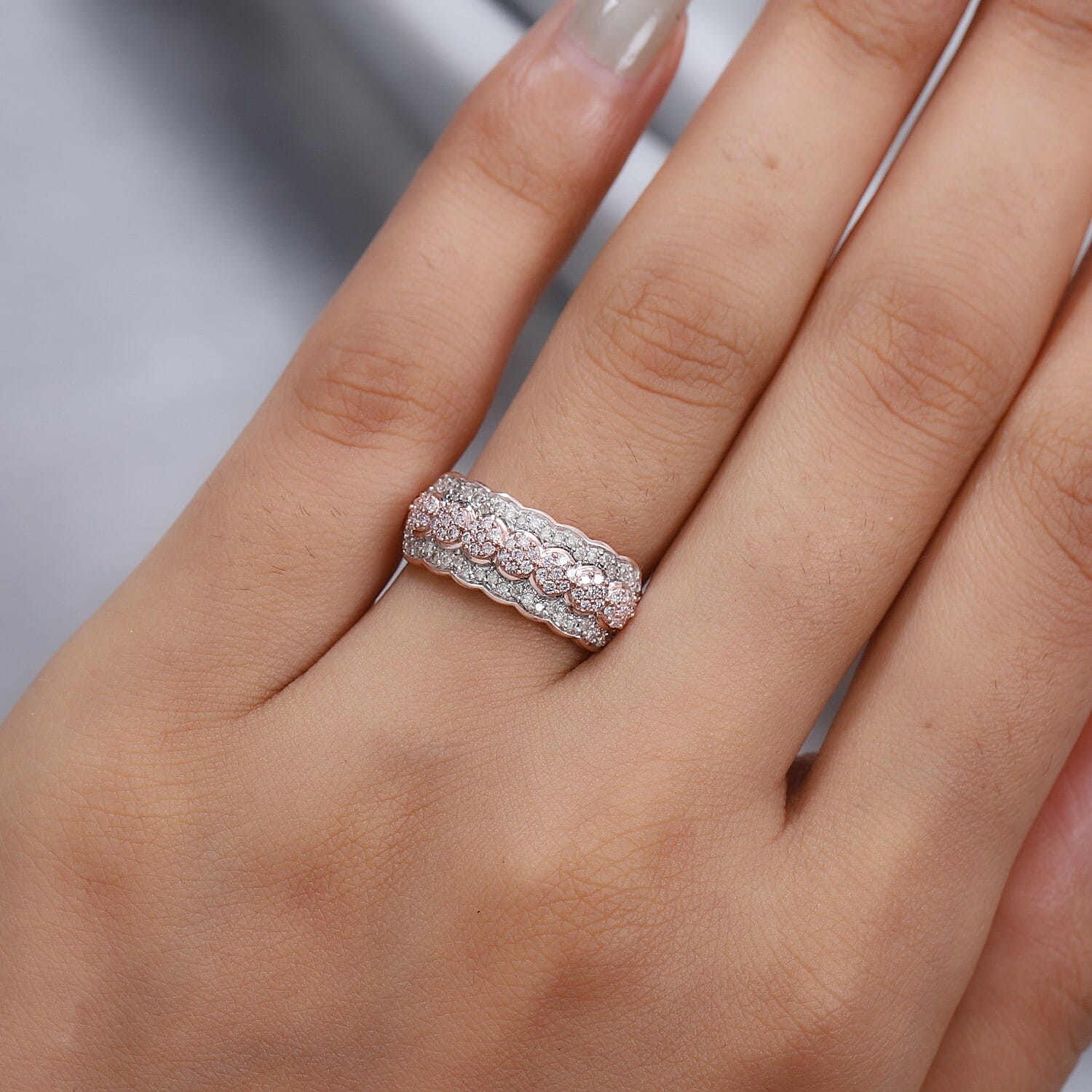 9K Rose Gold SGL Certified Natural Pink and White Diamond (I3 -G-H) Cluster Ring 0.50 Ct.