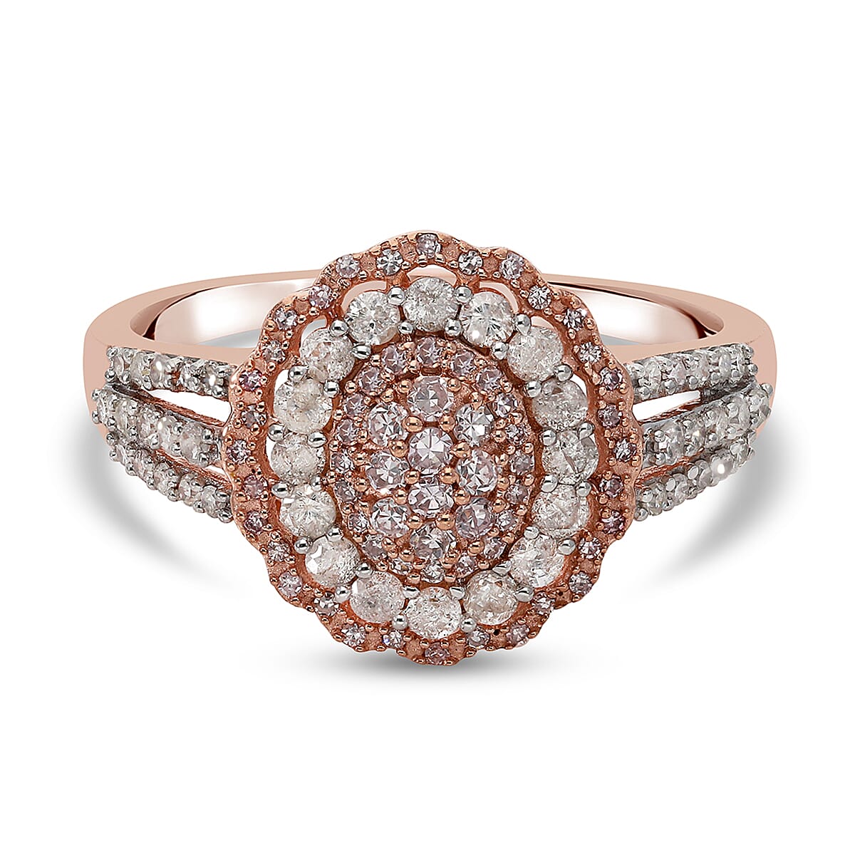 9K Rose Gold Natural Pink and White Diamond Cluster Ring 1.00 Ct.