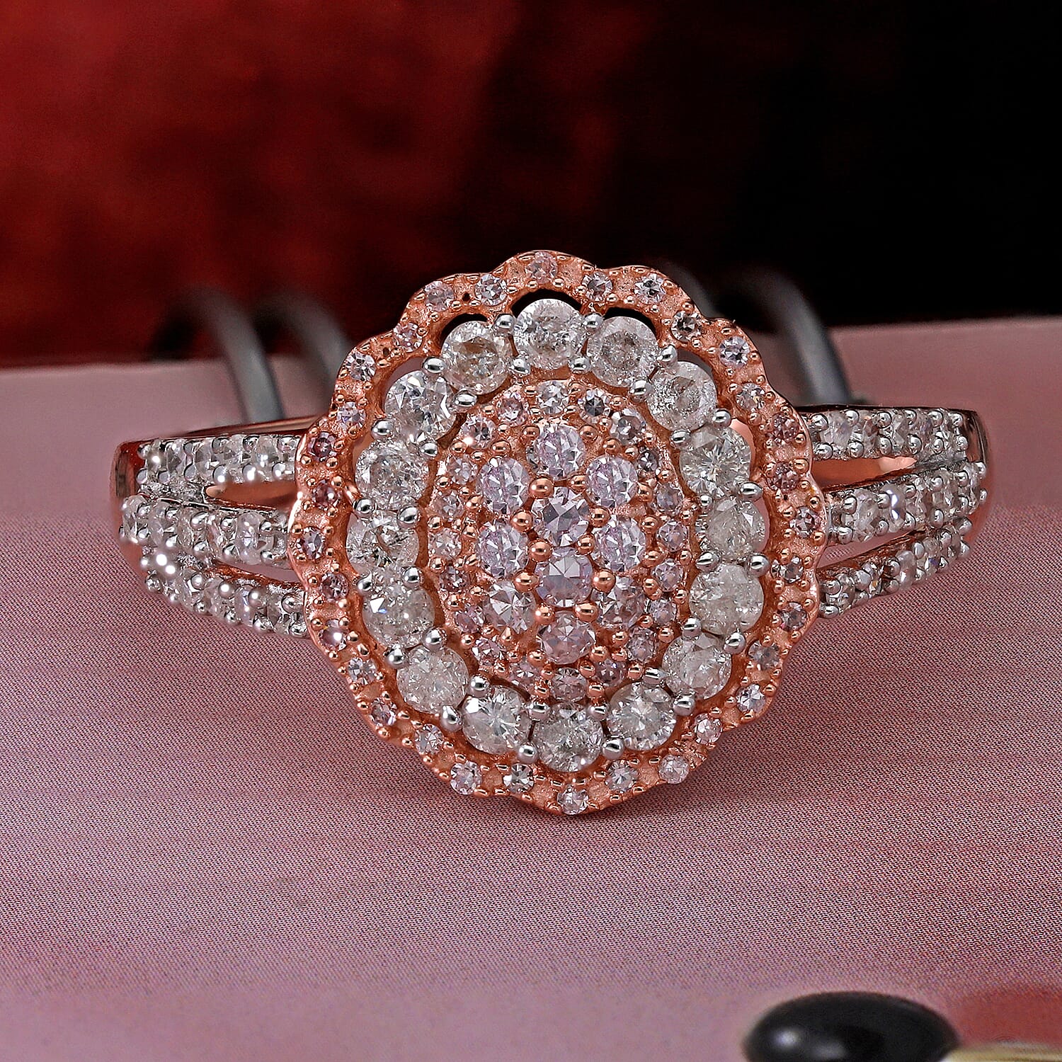 9K Rose Gold Natural Pink and White Diamond Cluster Ring 1.00 Ct.