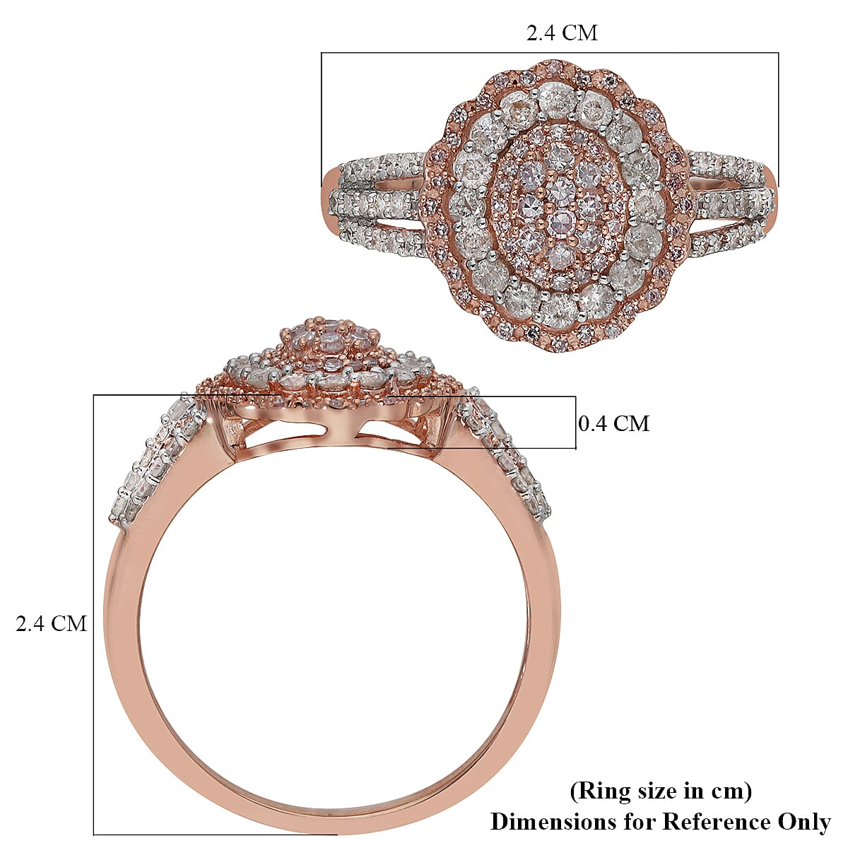 9K Rose Gold Natural Pink and White Diamond Cluster Ring 1.00 Ct.