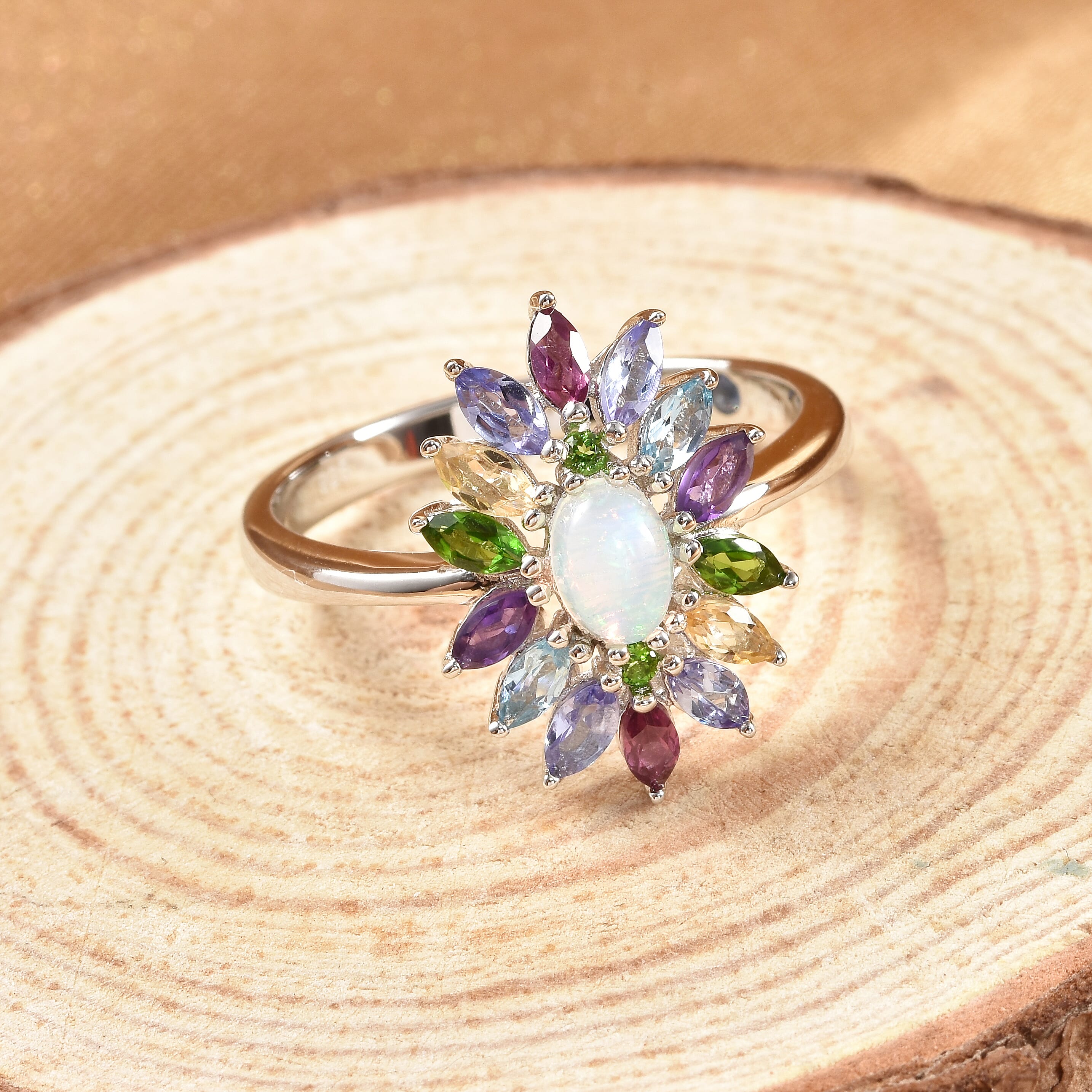 GP Italian Garden Collection - Ethiopian Welo Opal, Tanzanite, Amethyst and Multi Gemstone Ring in Rhodium Overlay Sterling Silver 1.76 Ct