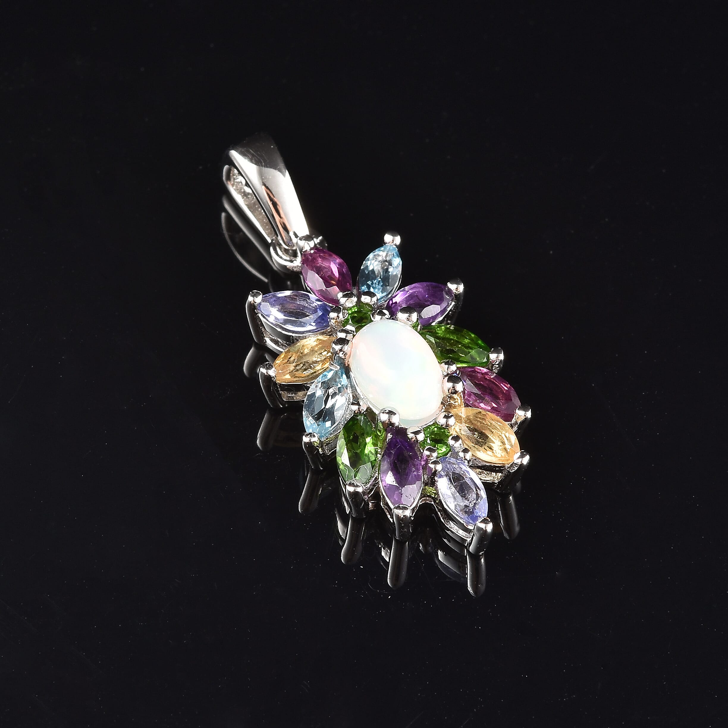 GP Italian Garden Collection - Ethiopian Welo Opal, Tanzanite, Amethyst and Multi Gemstone Pendant in Rhodium Overlay Sterling Silver 1.60 Ct