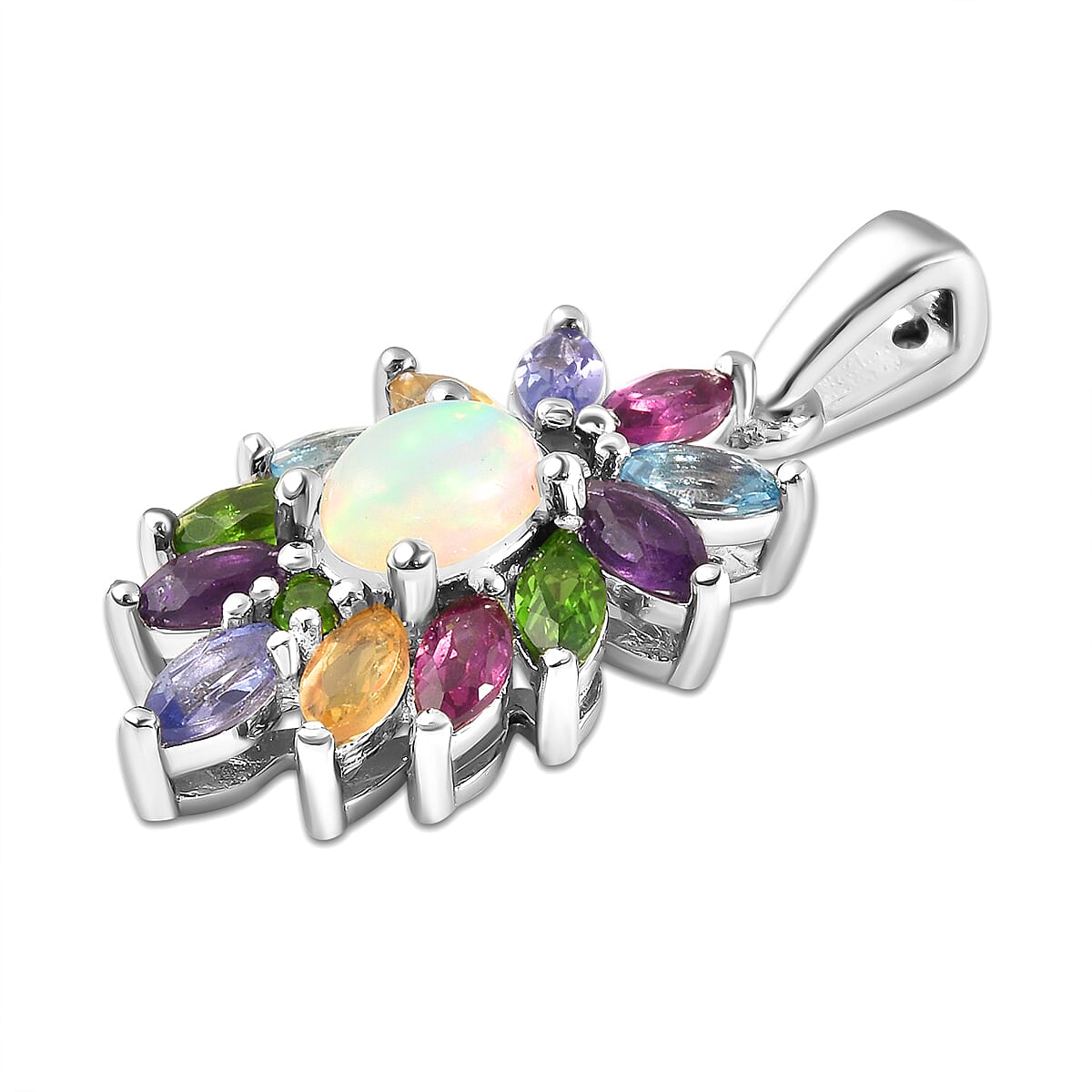 GP Italian Garden Collection - Ethiopian Welo Opal, Tanzanite, Amethyst and Multi Gemstone Pendant in Rhodium Overlay Sterling Silver 1.60 Ct