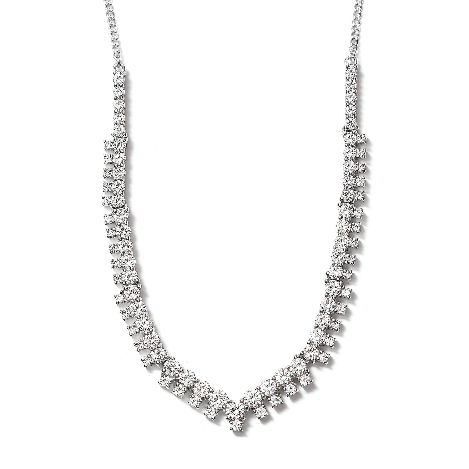 Lustro Stella Platinum Overlay Sterling Silver Cluster Necklace (Size 18) Made with Finest CZ 12.95 Ct, Silver Wt. 13.14 Gms