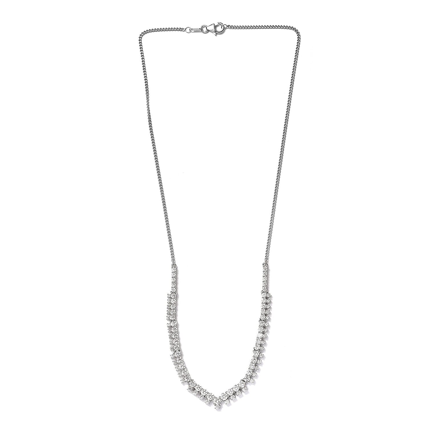 Lustro Stella Platinum Overlay Sterling Silver Cluster Necklace (Size 18) Made with Finest CZ 12.95 Ct, Silver Wt. 13.14 Gms