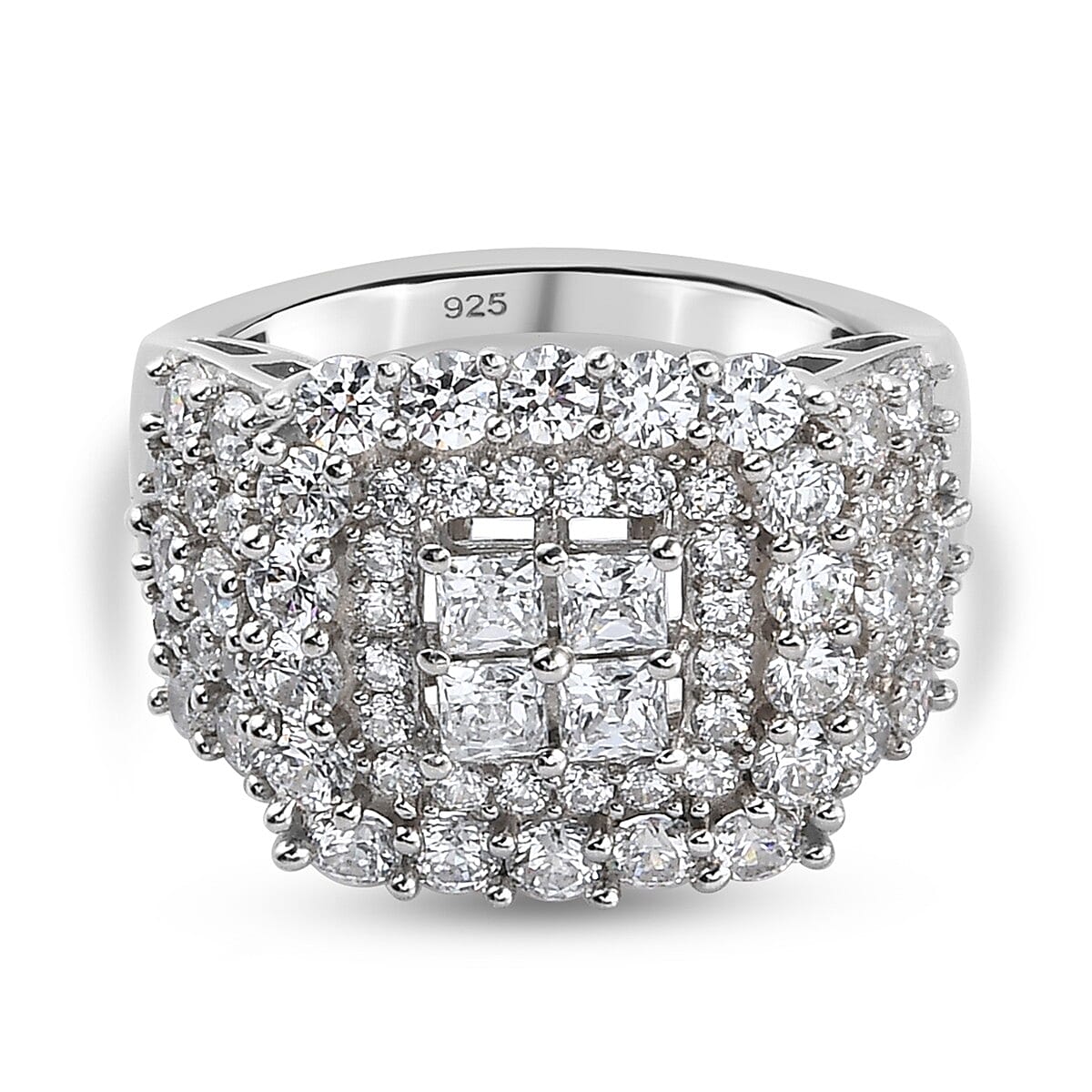 Lustro Stella Platinum Overlay Sterling Silver Cluster Ring Made with Finest CZ 3.79 Ct, Siver Wt 5.59 Gms
