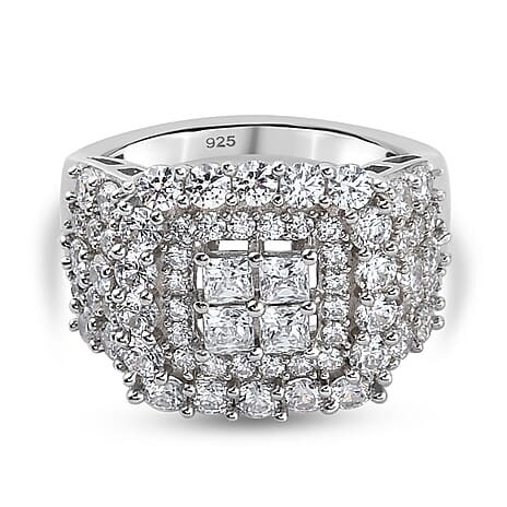 Lustro Stella Platinum Overlay Sterling Silver Cluster Ring Made with Finest CZ 3.79 Ct, Siver Wt 5.59 Gms