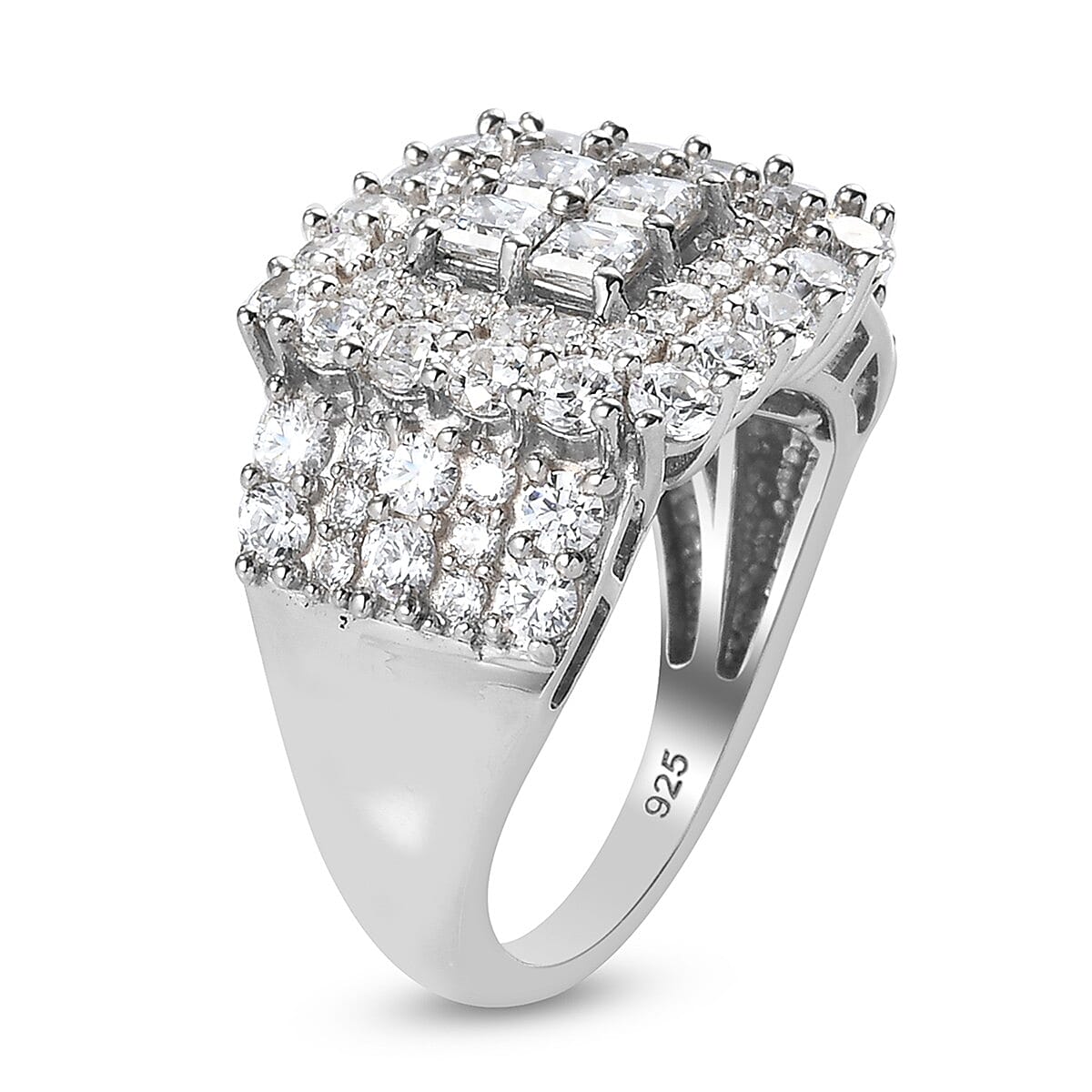 Lustro Stella Platinum Overlay Sterling Silver Cluster Ring Made with Finest CZ 3.79 Ct, Siver Wt 5.59 Gms
