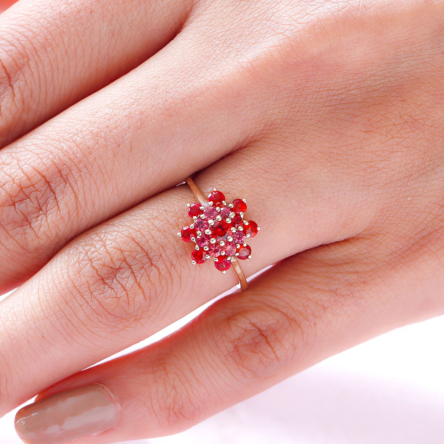 9K Yellow Gold Red Sapphire Floral Ring 1.12 Ct.