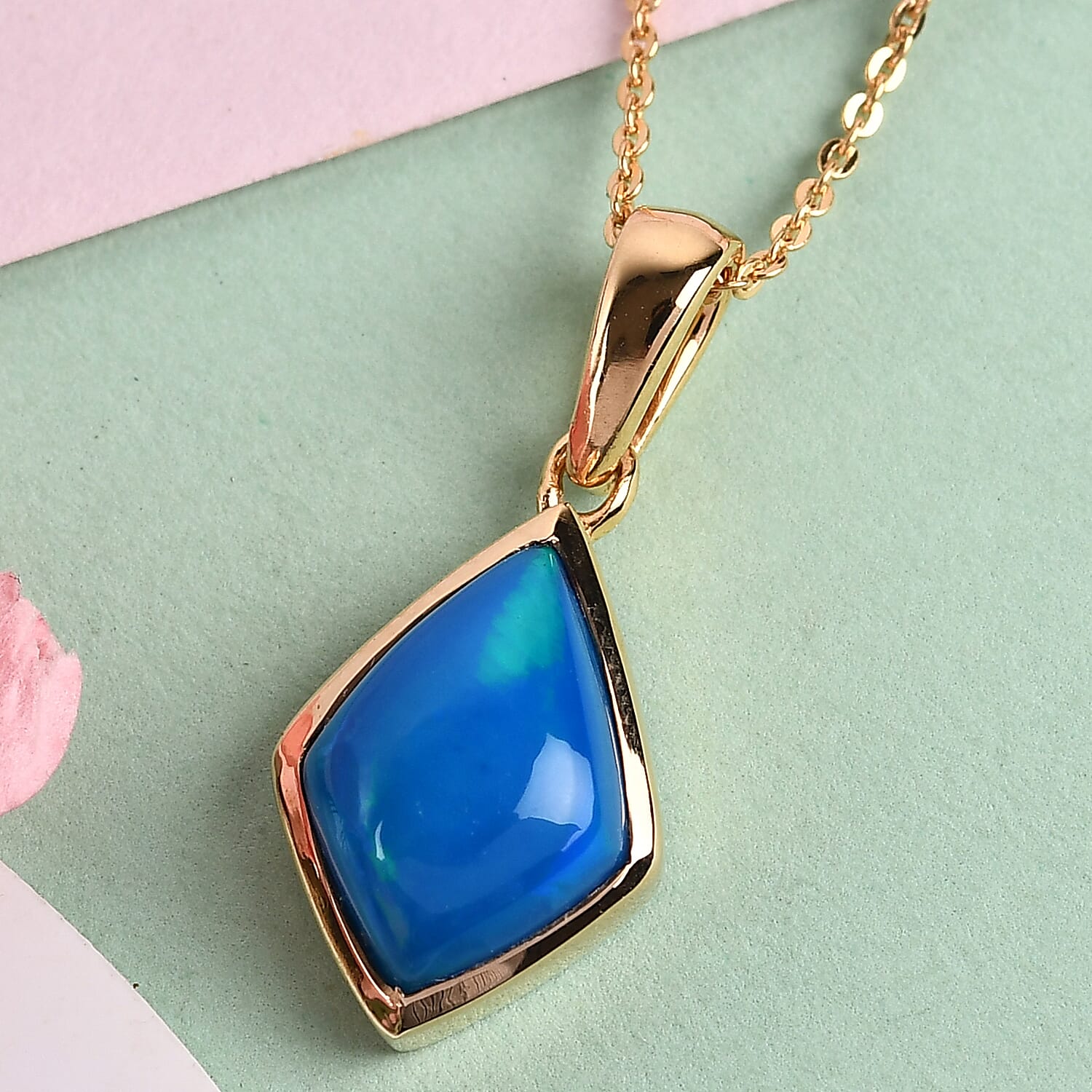 Miami Blue Welo Opal Pendant with Chain in YG Vermeil Plated Sterling Silver 1.80 Ct.
