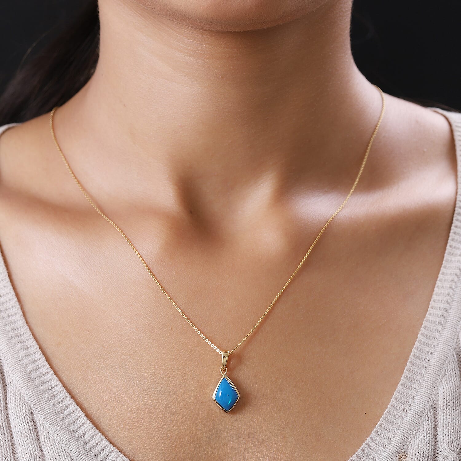 Miami Blue Welo Opal Pendant with Chain in YG Vermeil Plated Sterling Silver 1.80 Ct.
