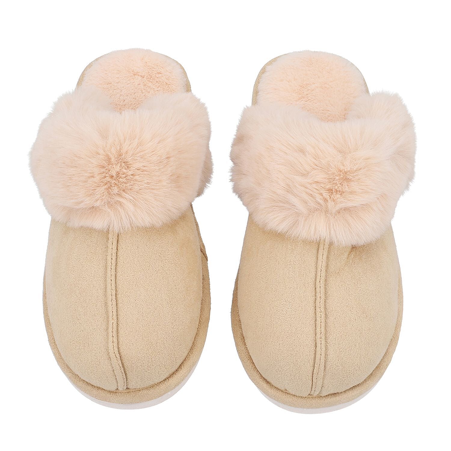 Super Soft Suede Slippers with Faux Fur (Size 3-4) - Beige