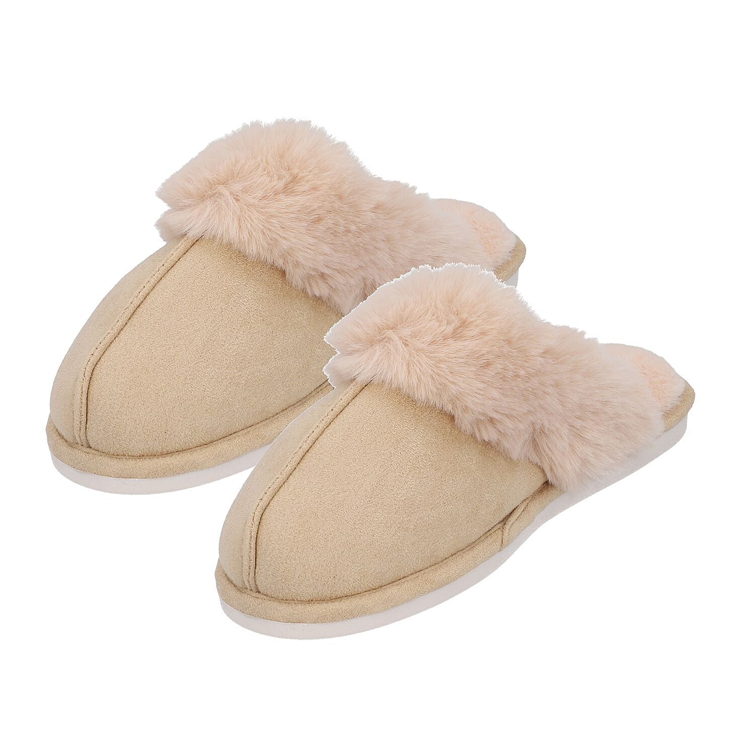 Super Soft Suede Slippers with Faux Fur (Size 3-4) - Beige