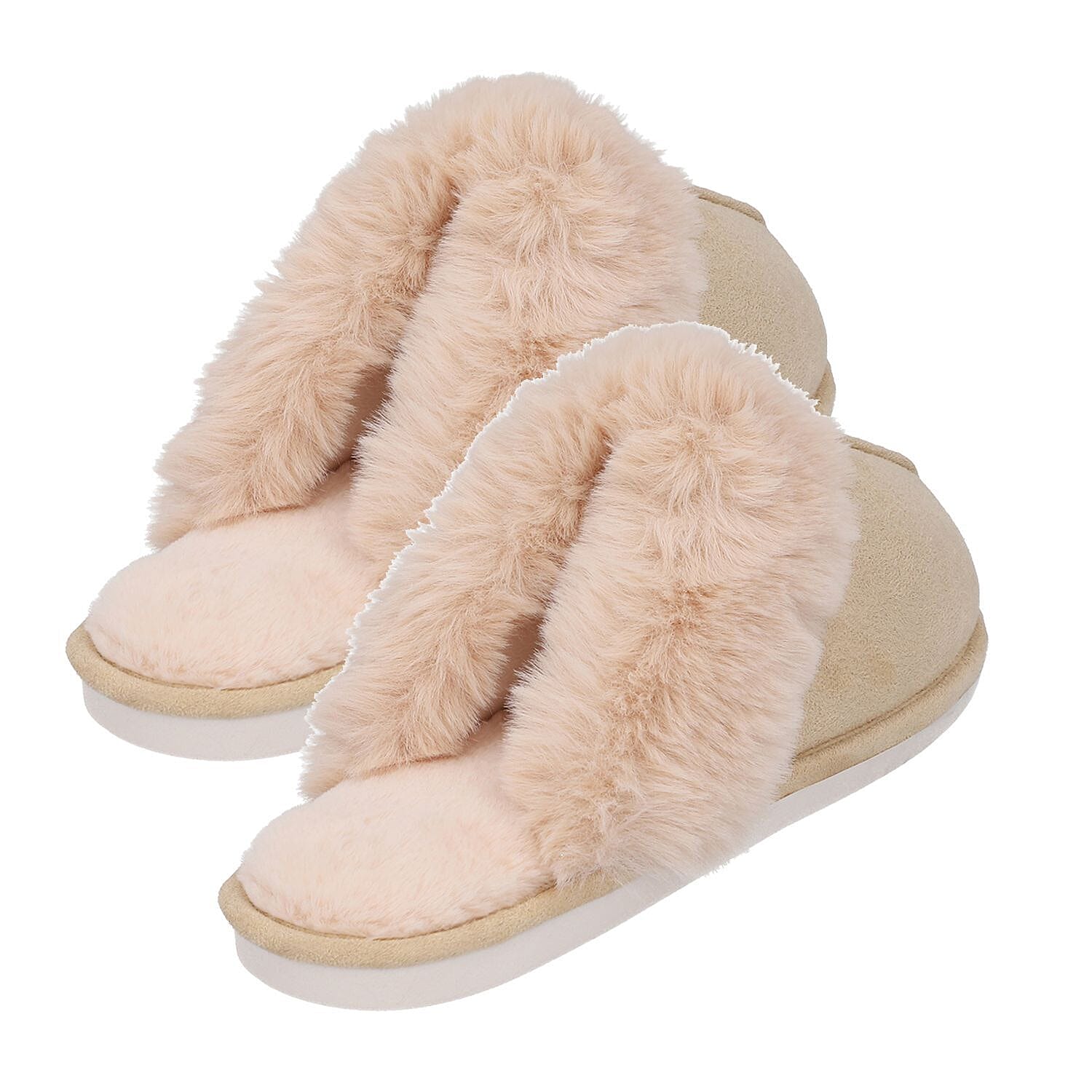Super Soft Suede Slippers with Faux Fur (Size 3-4) - Beige