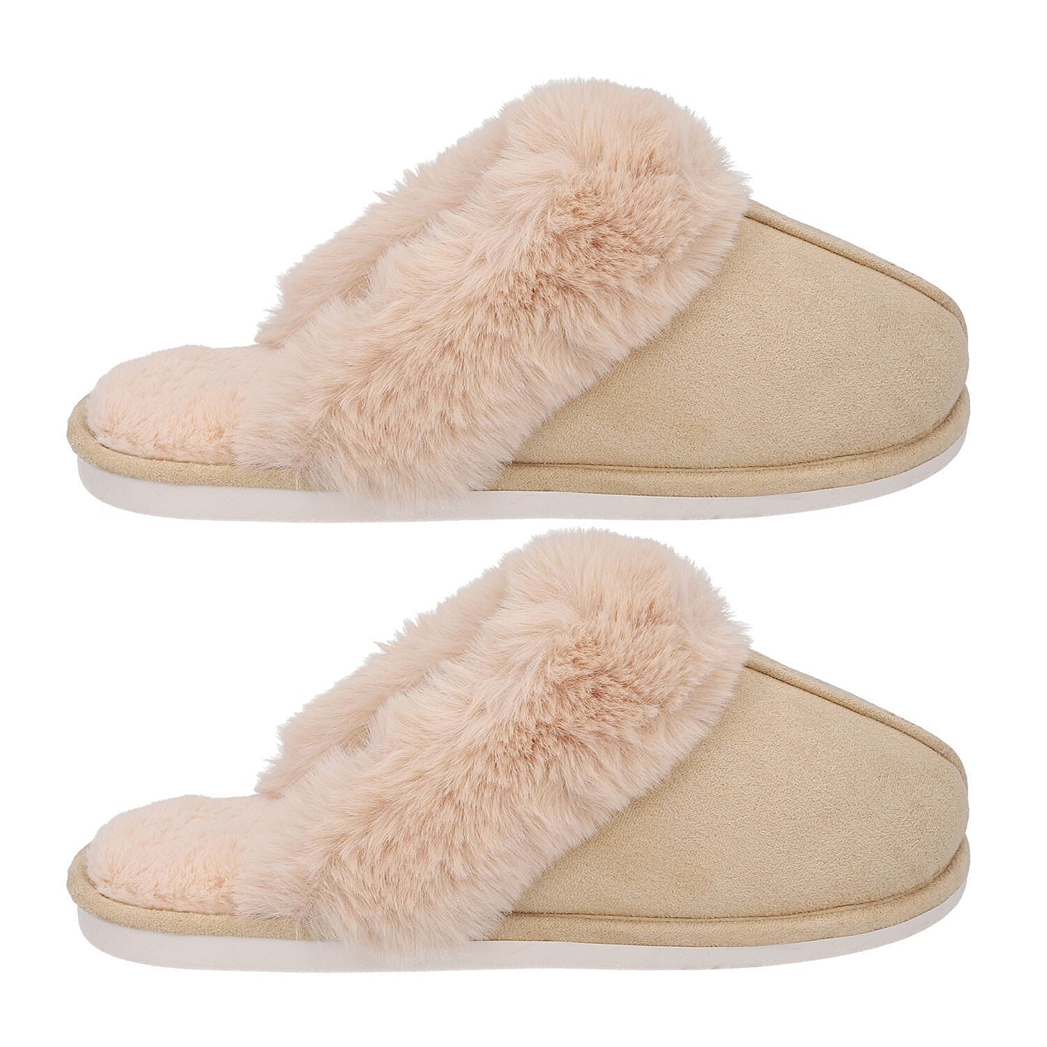 Super Soft Suede Slippers with Faux Fur (Size 3-4) - Beige