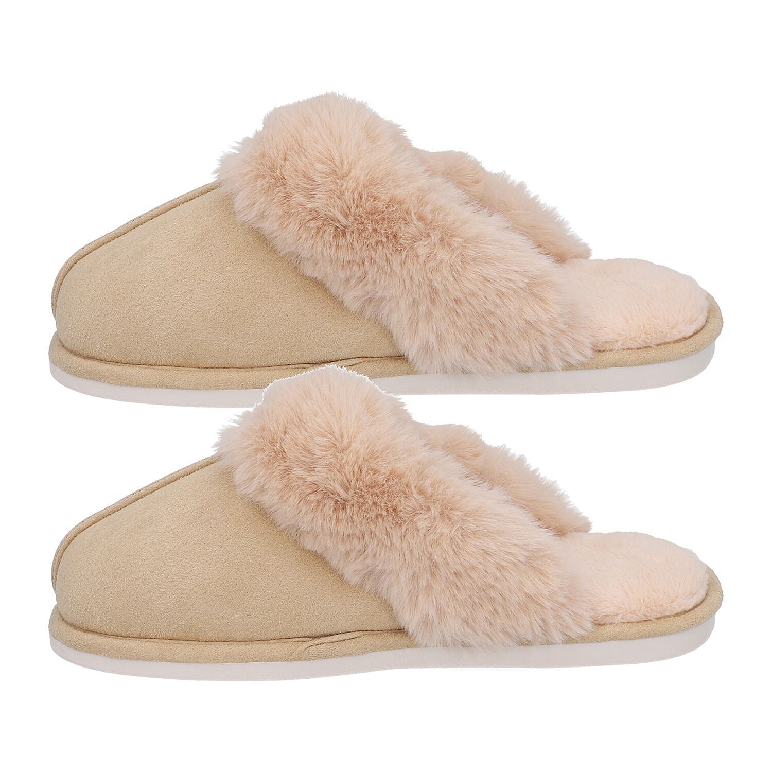 Super Soft Suede Slippers with Faux Fur (Size 3-4) - Beige