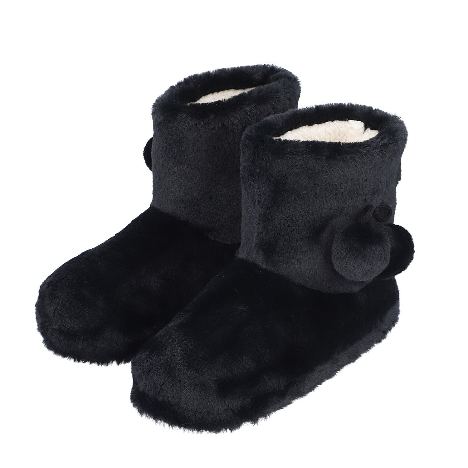 Rabbit Faux Fur Boots with Waterproof TPR Sole (Size 4-5) - Black