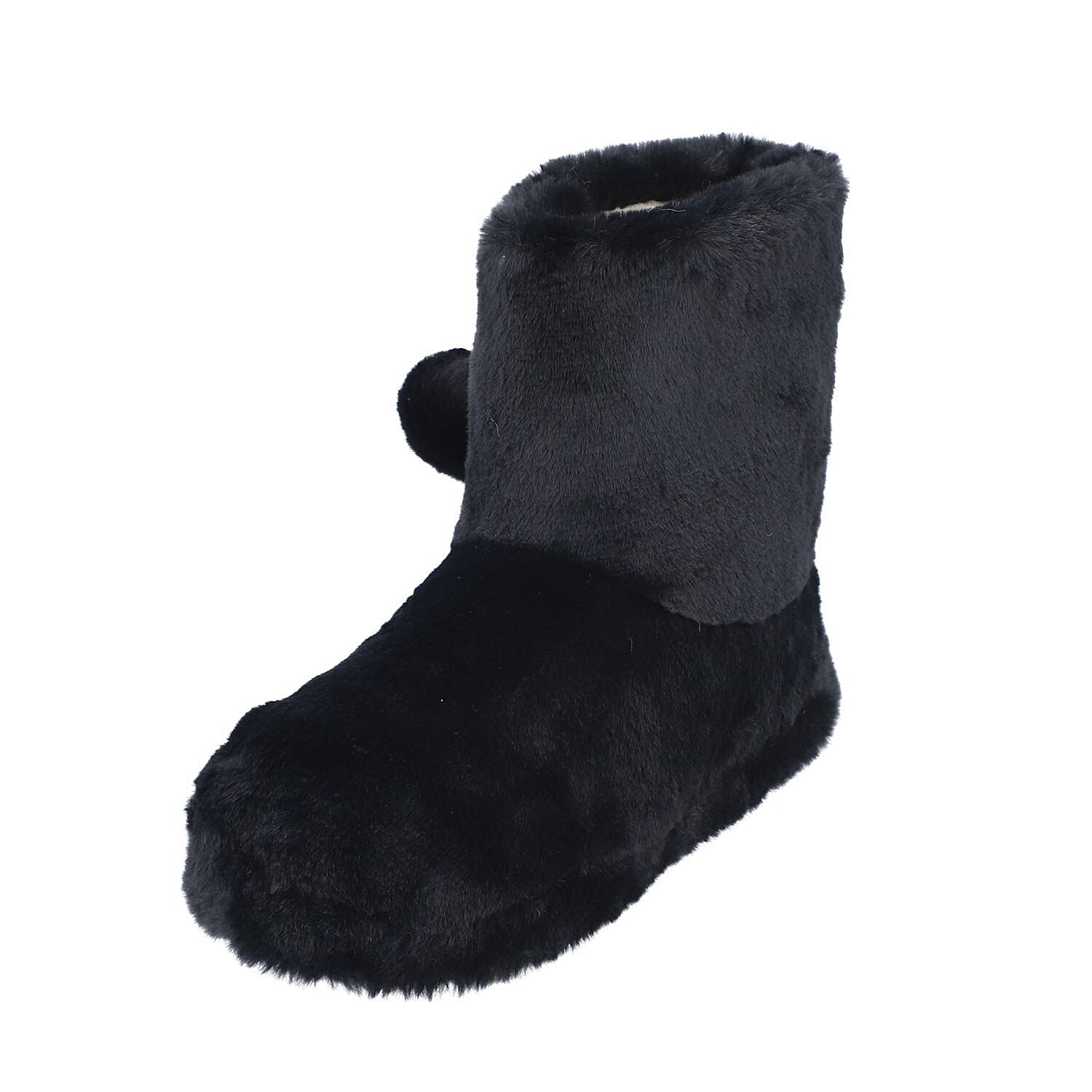 Rabbit Faux Fur Boots with Waterproof TPR Sole (Size 4-5) - Black
