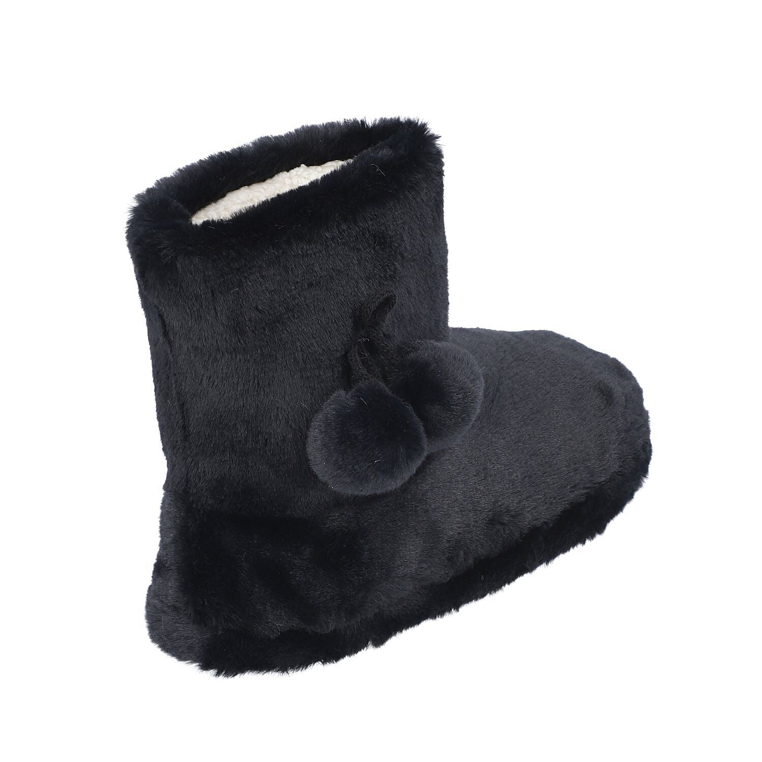 Rabbit Faux Fur Boots with Waterproof TPR Sole (Size 4-5) - Black