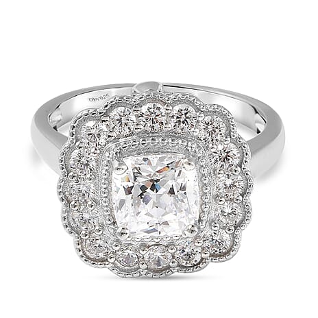 Lustro Stella 2 in 1 Rhodium Overlay Sterling Silver Cluster Ring & Pendant Made with Finest CZ 4.58 Ct, Silver wt. 5.53 Gms