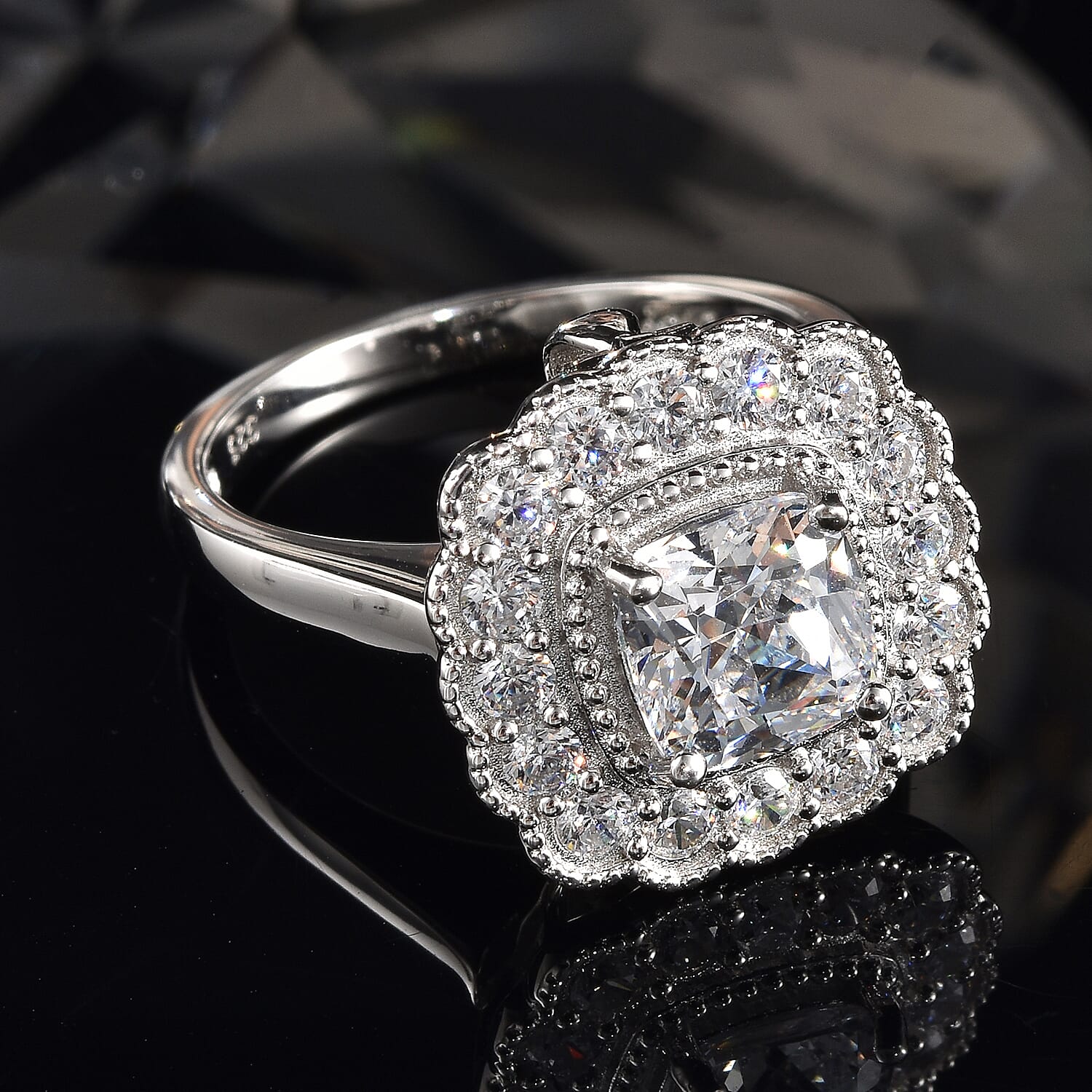 Lustro Stella 2 in 1 Rhodium Overlay Sterling Silver Cluster Ring & Pendant Made with Finest CZ 4.58 Ct, Silver wt. 5.53 Gms