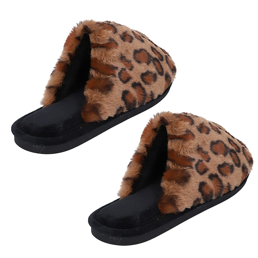 Leopard Pattern Faux Fur Slippers (Size 3- 4) - Dark Brown