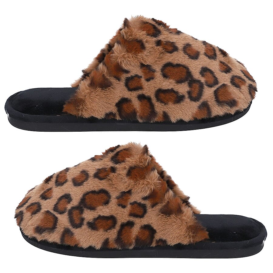 Leopard Pattern Faux Fur Slippers (Size 3- 4) - Dark Brown