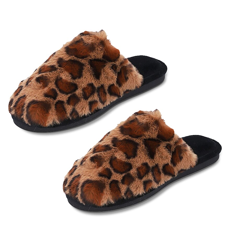 Leopard Pattern Faux Fur Slipper - Dark Brown