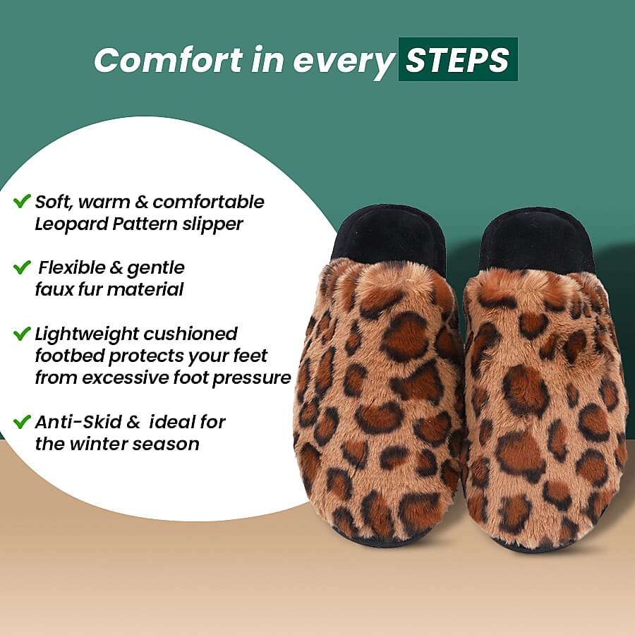 Leopard Pattern Faux Fur Slipper - Dark Brown