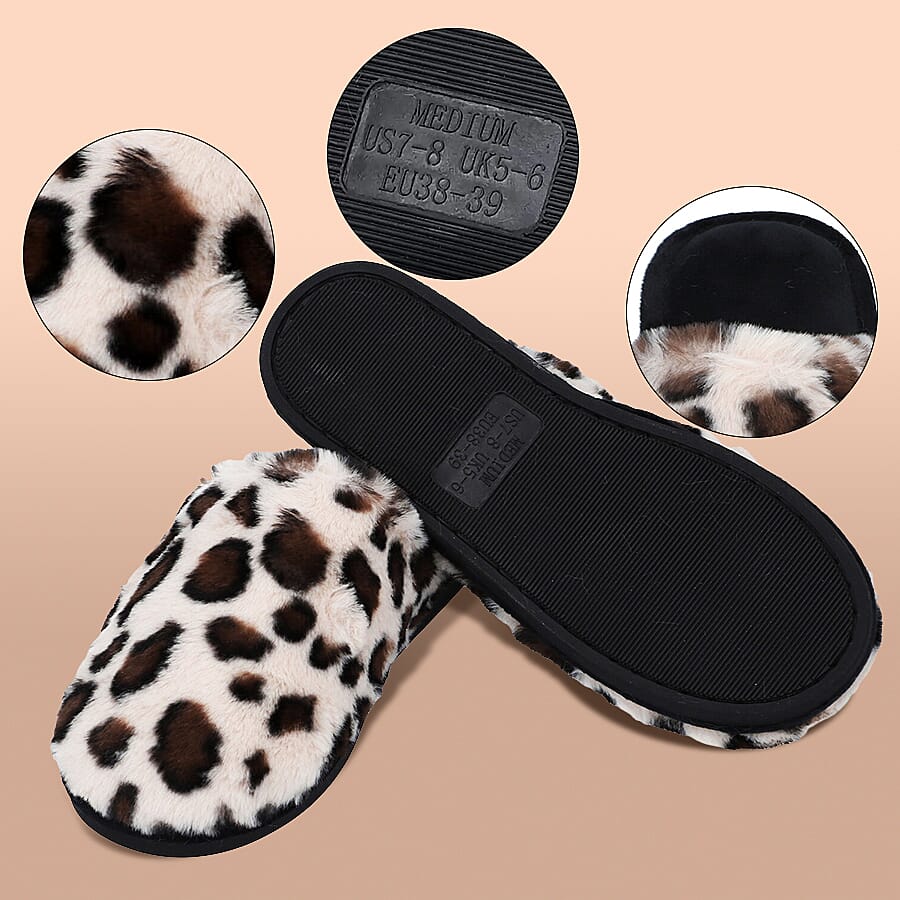 Leopard Pattern Faux Fur Slipper - Dark Brown