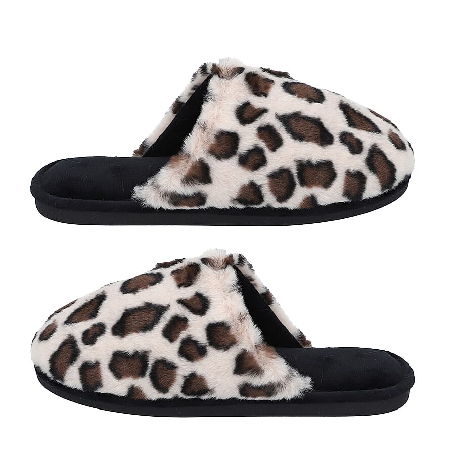 Leopard Pattern Faux Fur Slipper - Dark Brown