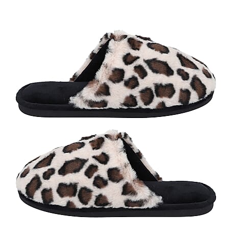 Leopard Pattern Faux Fur Slippers (Size 3-4) - Off White