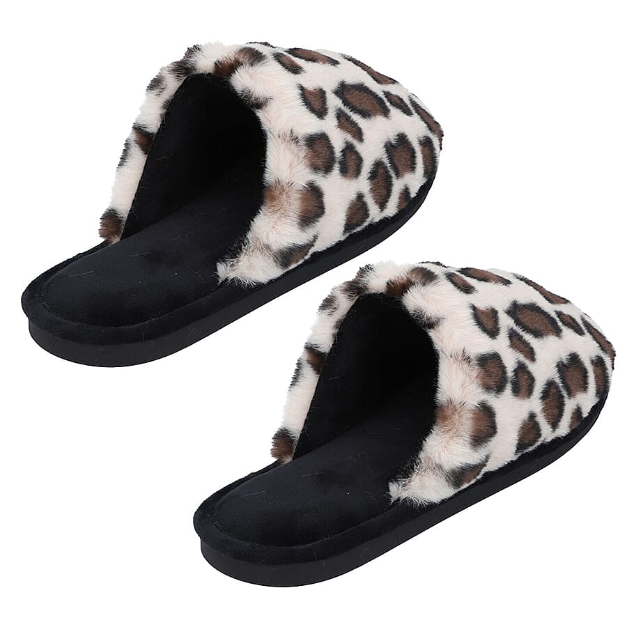 Leopard Pattern Faux Fur Slipper - Dark Brown