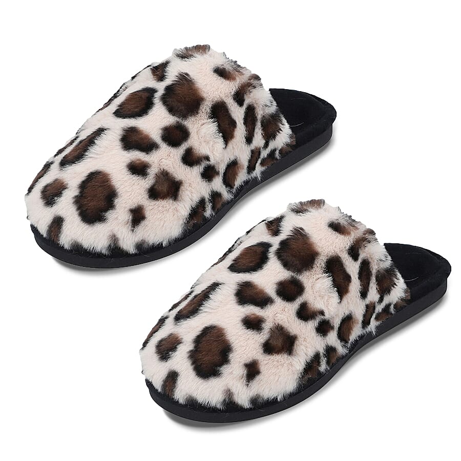 Leopard Pattern Faux Fur Slipper - Dark Brown