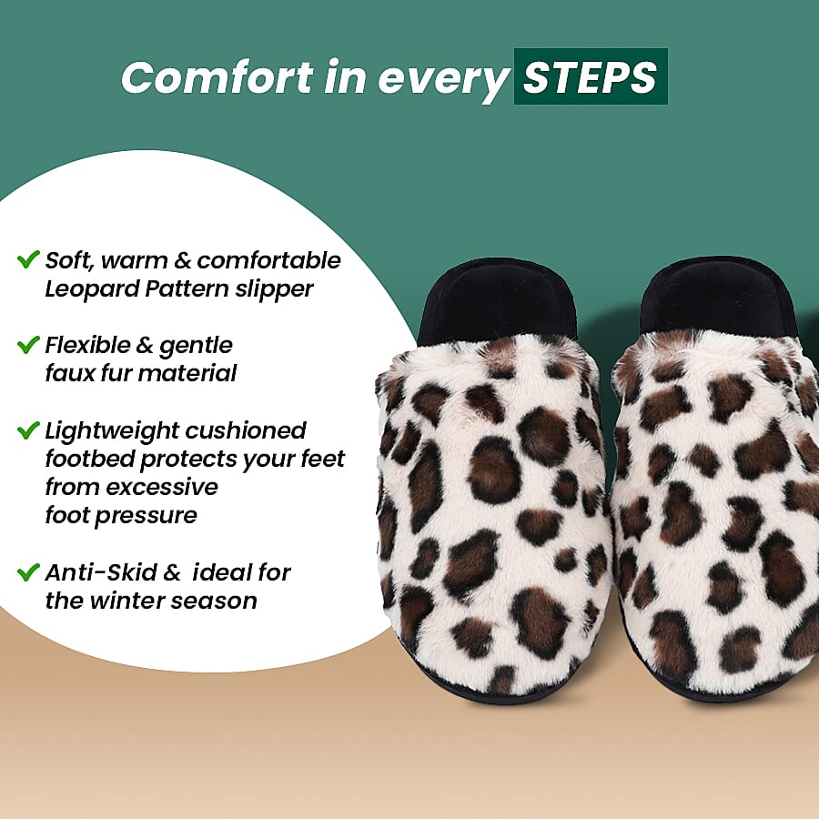 Leopard Pattern Faux Fur Slipper - Dark Brown