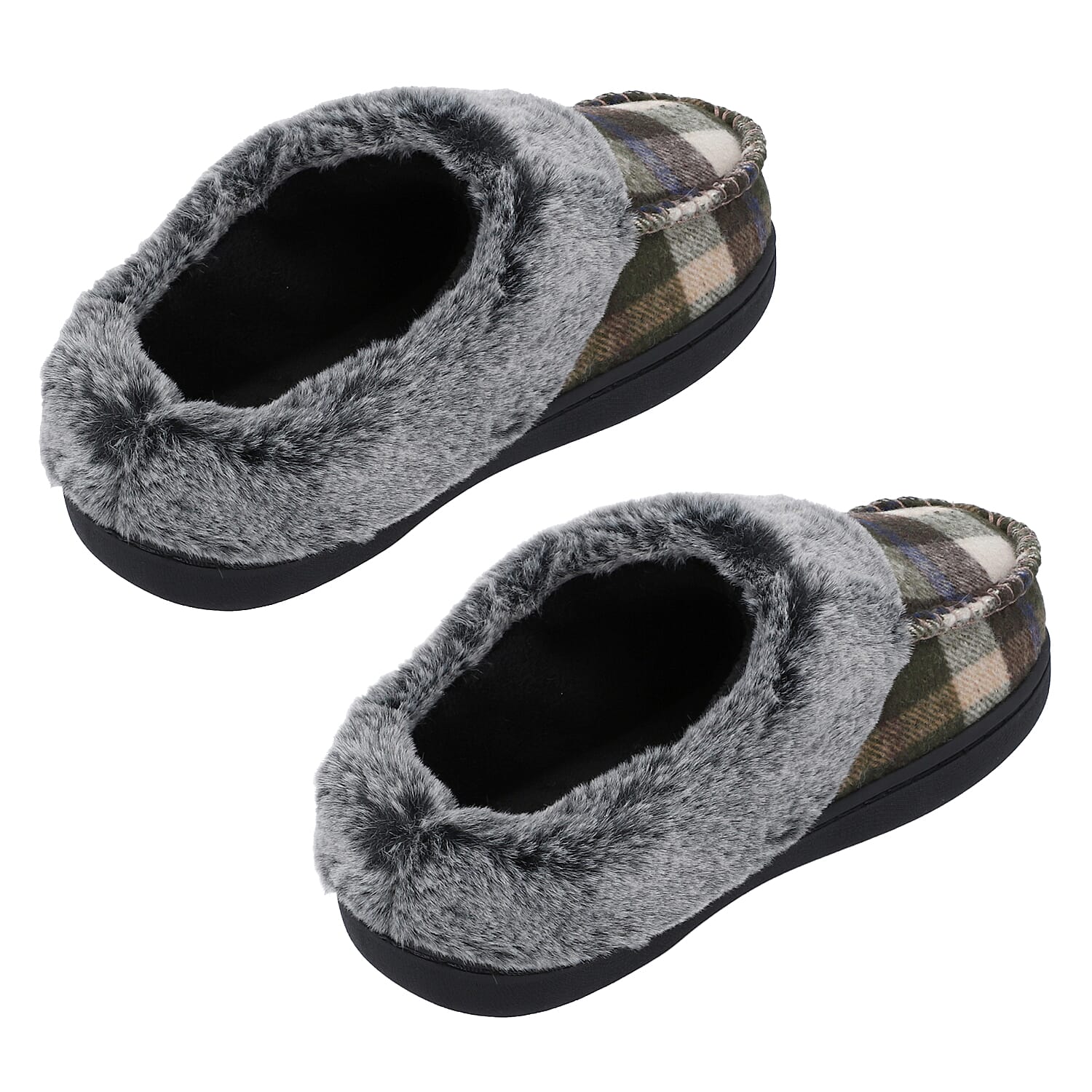 Checkered Pattern Faux Fur Slipper - Khaki & Grey