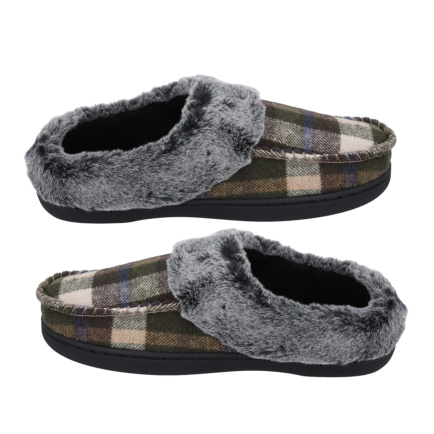 Checkered Pattern Faux Fur Slipper - Khaki & Grey