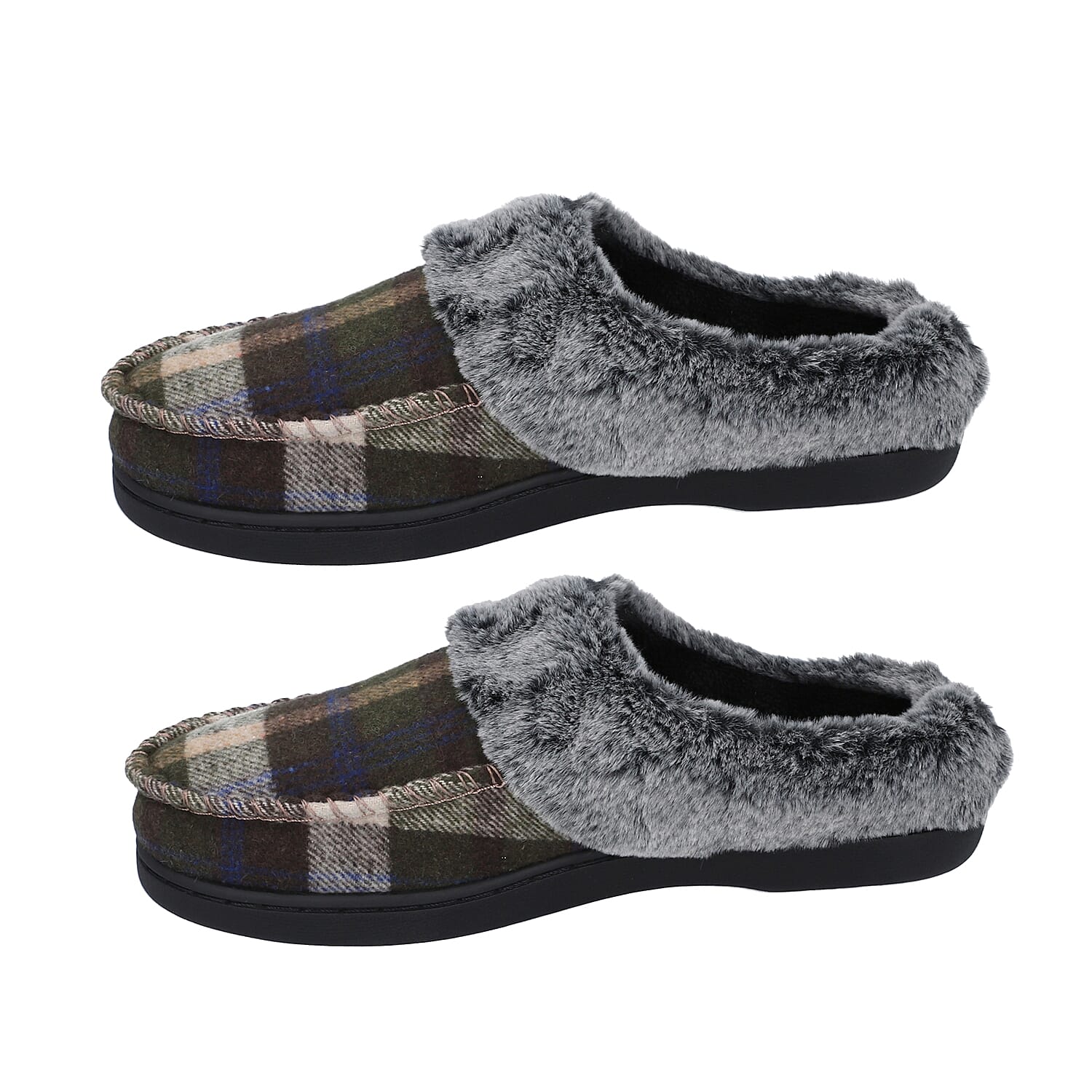 Checkered Pattern Faux Fur Slipper - Khaki & Grey